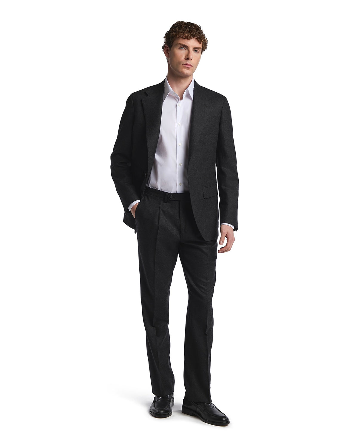 Men's charcoal gray tailored suit set with a subtle weave, featuring a classic white dress shirt, ideal for formal events.