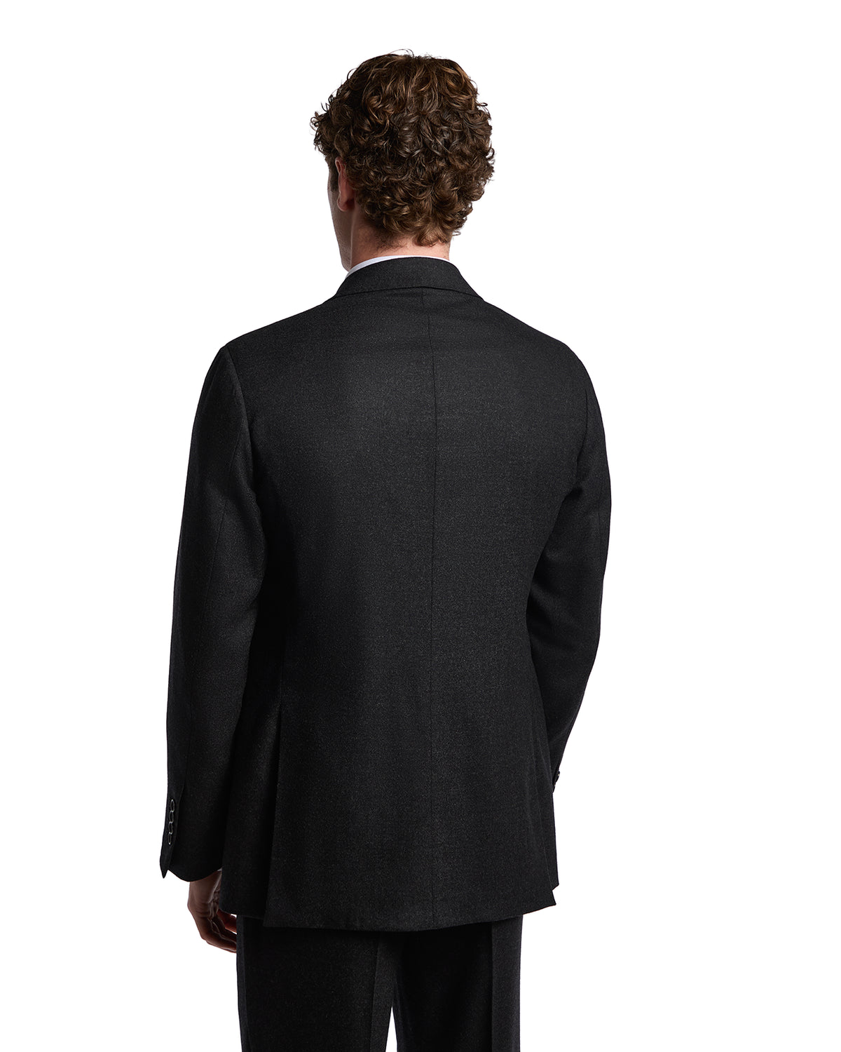 Men's black wool blazer with a modern slim fit, featuring a single vent and satin lapels. Perfect for formal occasions.