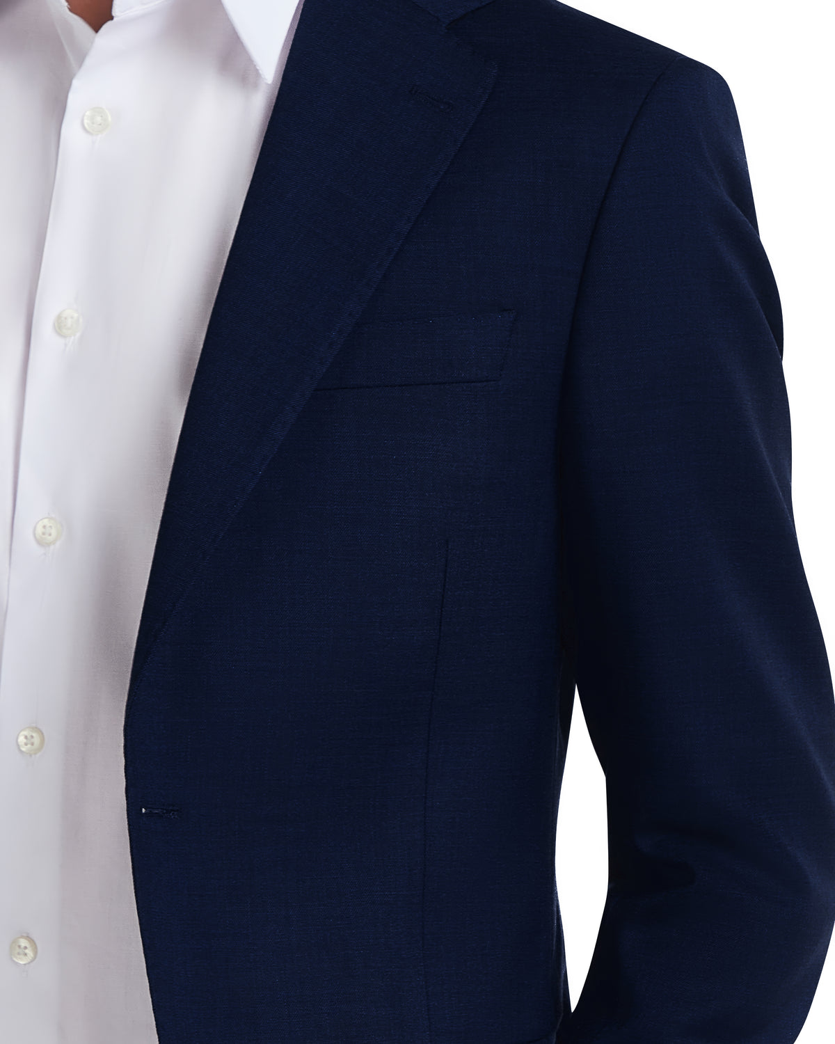 Men's tailored navy blue blazer, crafted from lightweight fabric, featuring a sleek lapel and subtle texture.