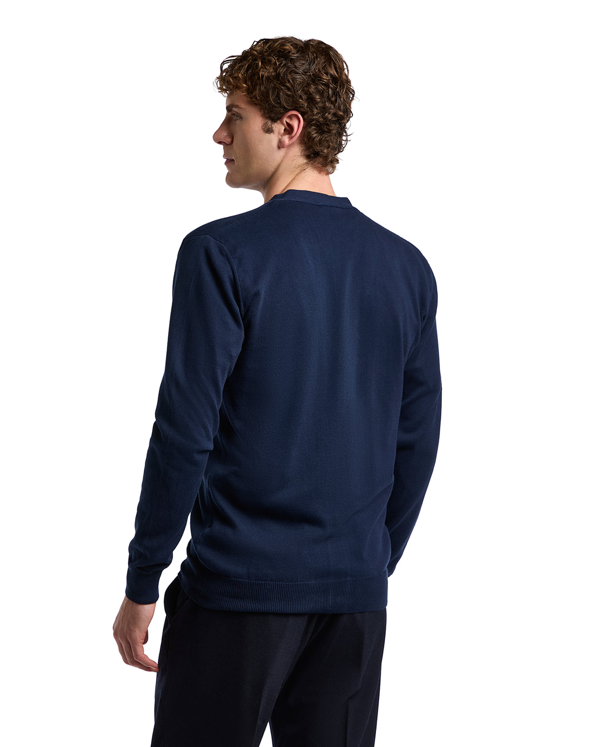Men's navy blue cotton sweater, long sleeves, casual style, perfect for layering in cool weather.