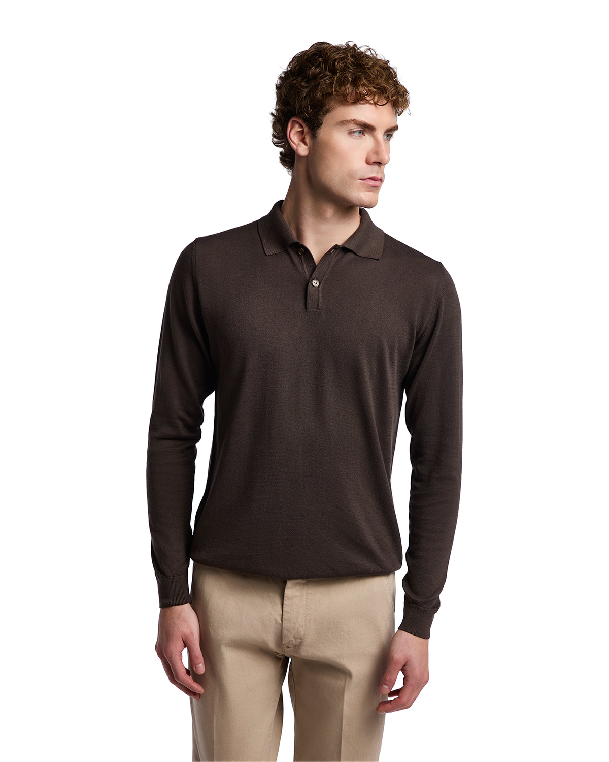 Men's chocolate brown long-sleeve polo shirt in soft fabric, featuring a classic collar and button placket.