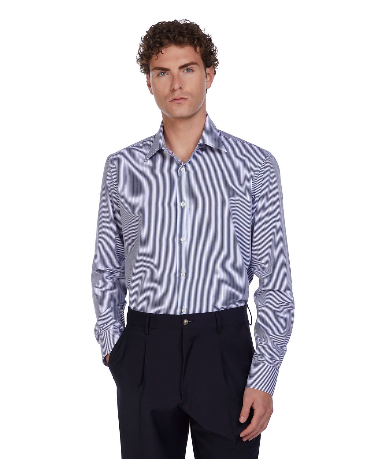 Men's blue and white striped dress shirt, tailored fit, made from breathable cotton, perfect for formal or business wear.