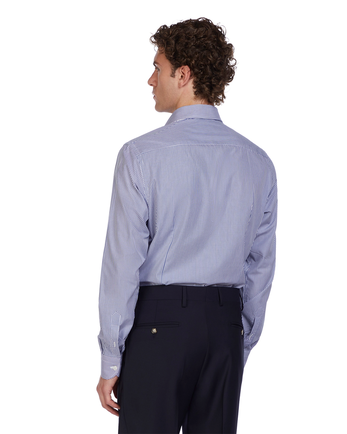Men's blue and white striped long-sleeve shirt in cotton with a classic fit, perfect for smart-casual occasions.