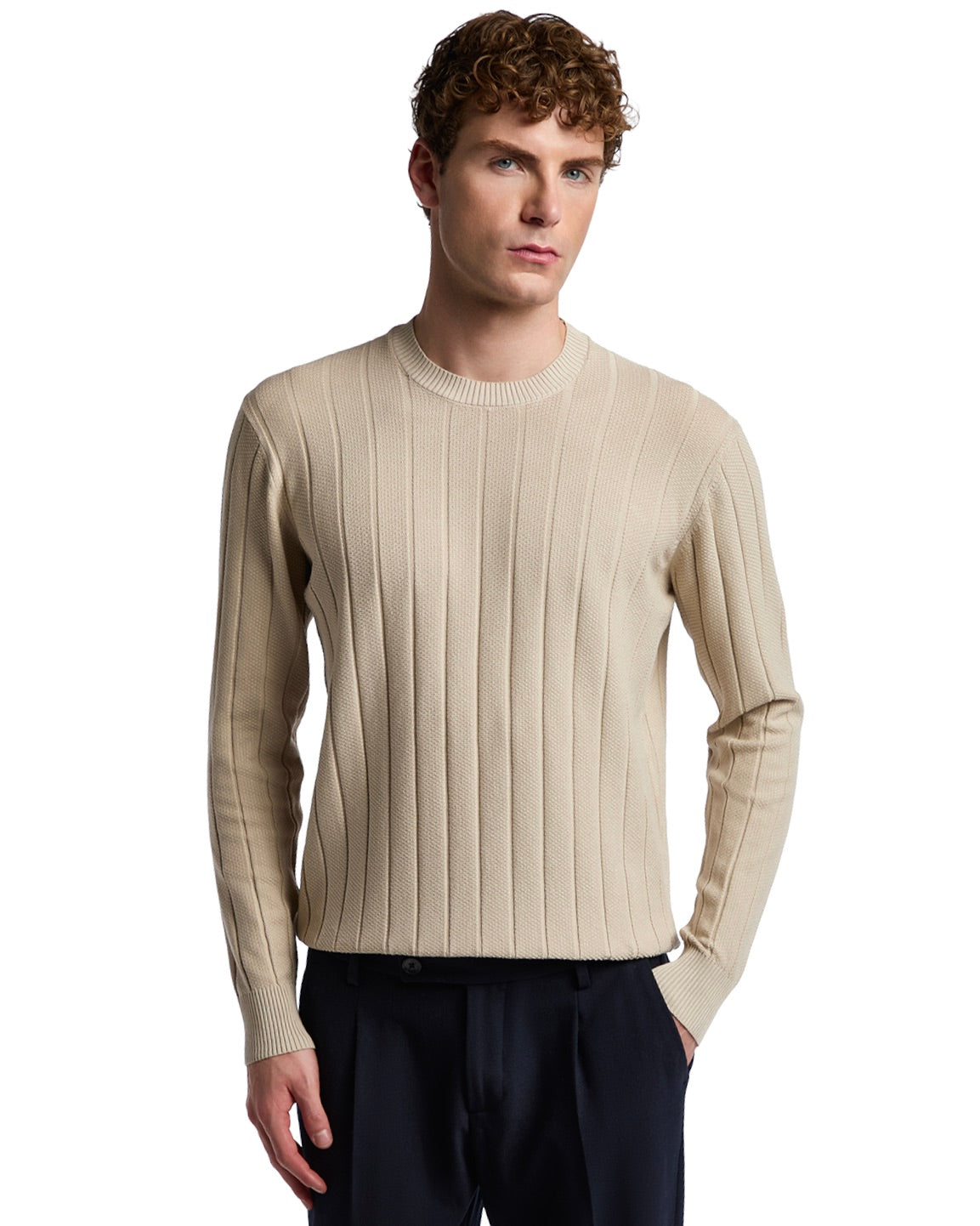 Beige ribbed knit sweater for men in lightweight cotton, round neck, and fitted style, perfect for casual outfits.