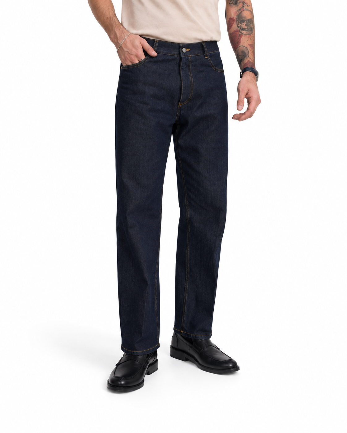 Men's dark blue denim jeans with a classic straight leg fit, featuring yellow stitching and a modern casual style.