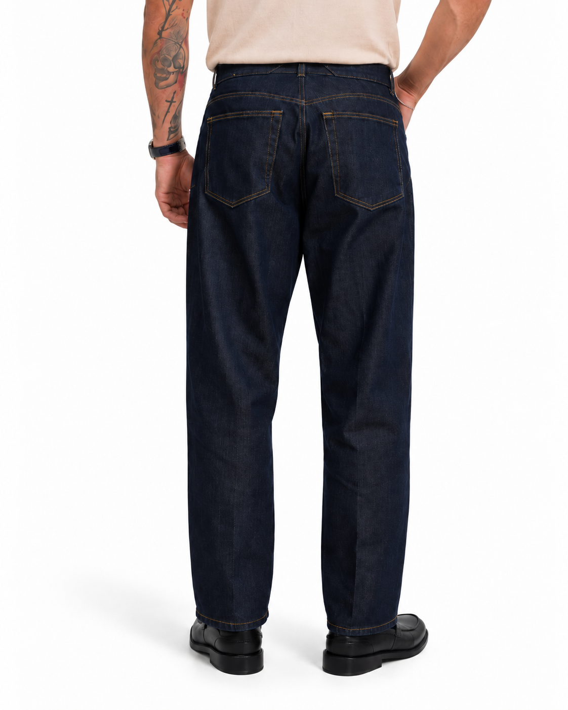 Men's dark blue relaxed-fit denim jeans with five-pocket design, perfect for casual wear.