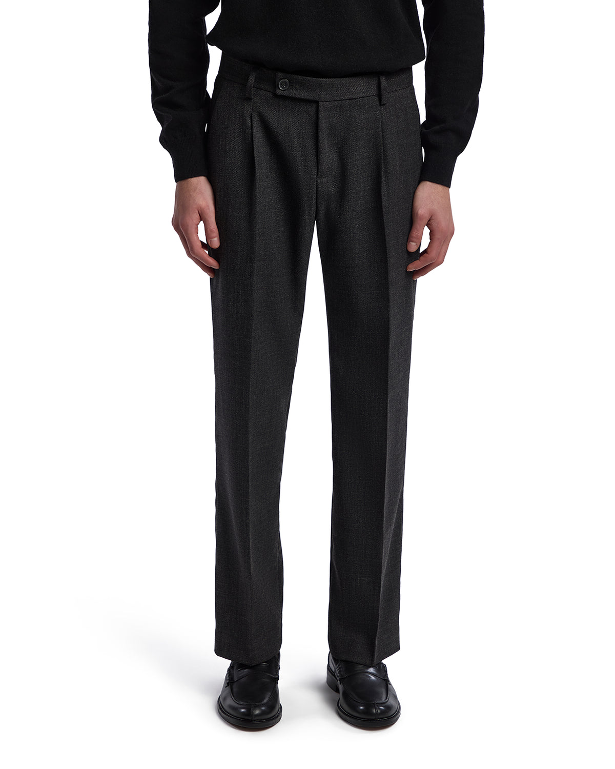 Men's charcoal gray tailored trousers in lightweight wool blend, featuring a classic straight fit and flat front.