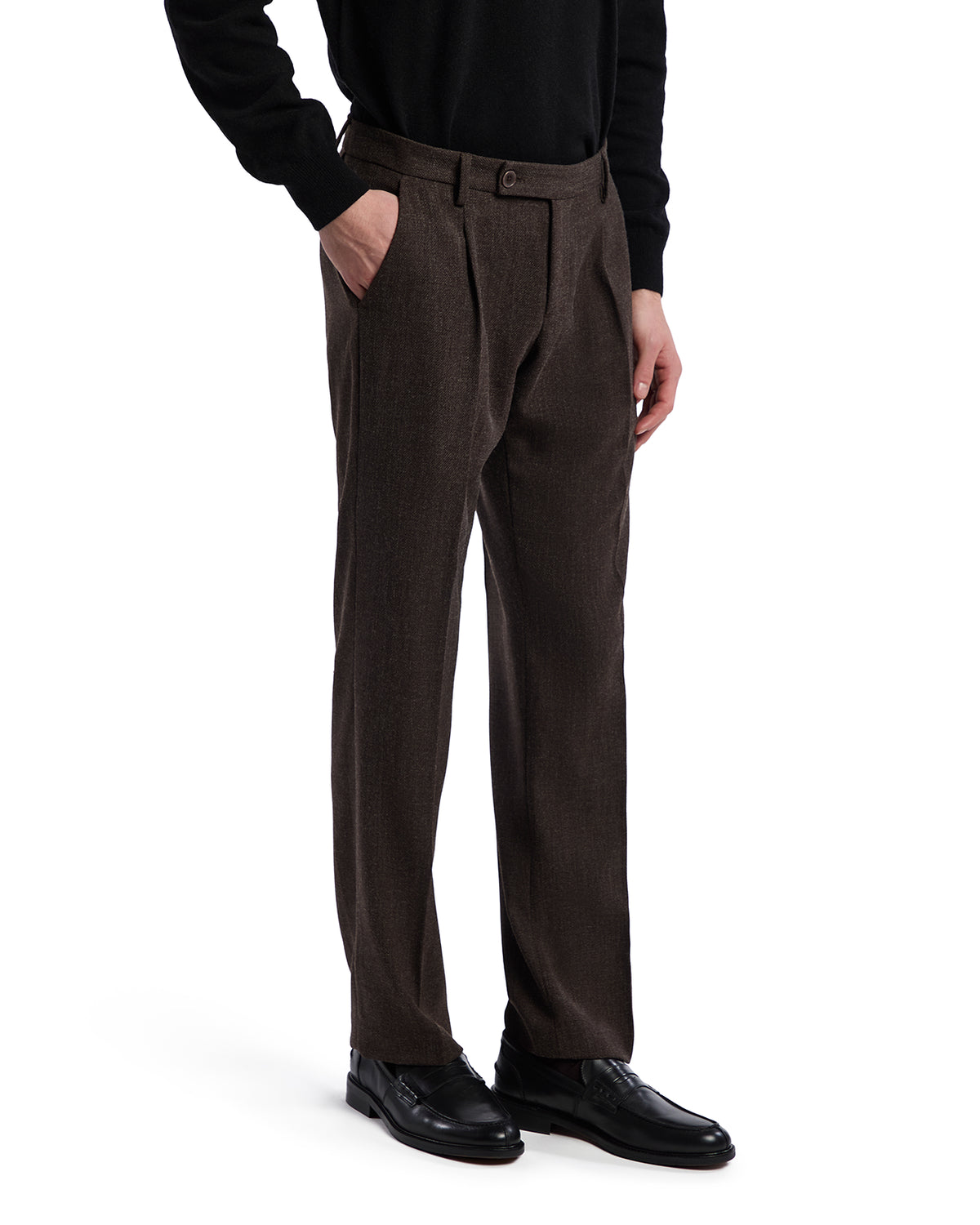 Brown tailored wool trousers with a slim fit and side pockets, paired with black dress shoes for a polished look.