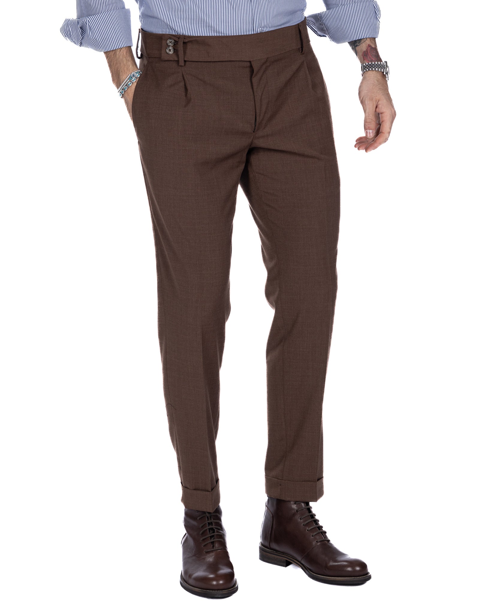 Pantalon italien taille haute marron foncé en laine mélangée