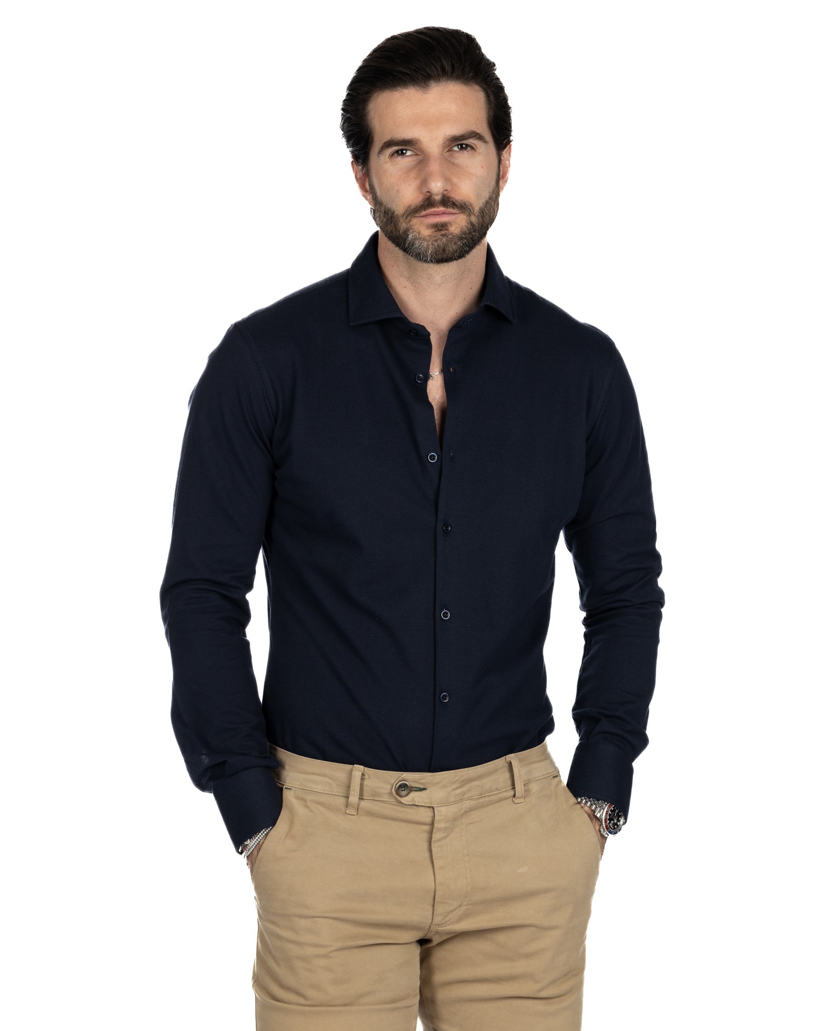 Shirt - slim fit navy blue jersey