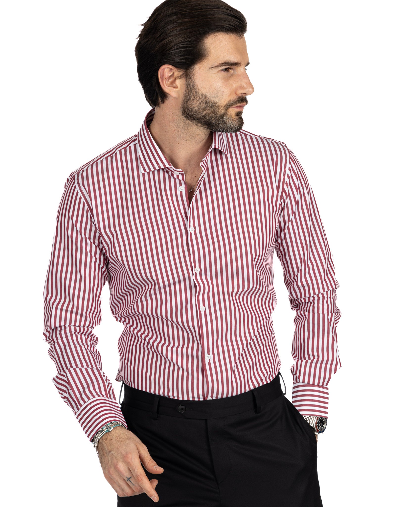 Shirt - slim fit medium stripe burgundy