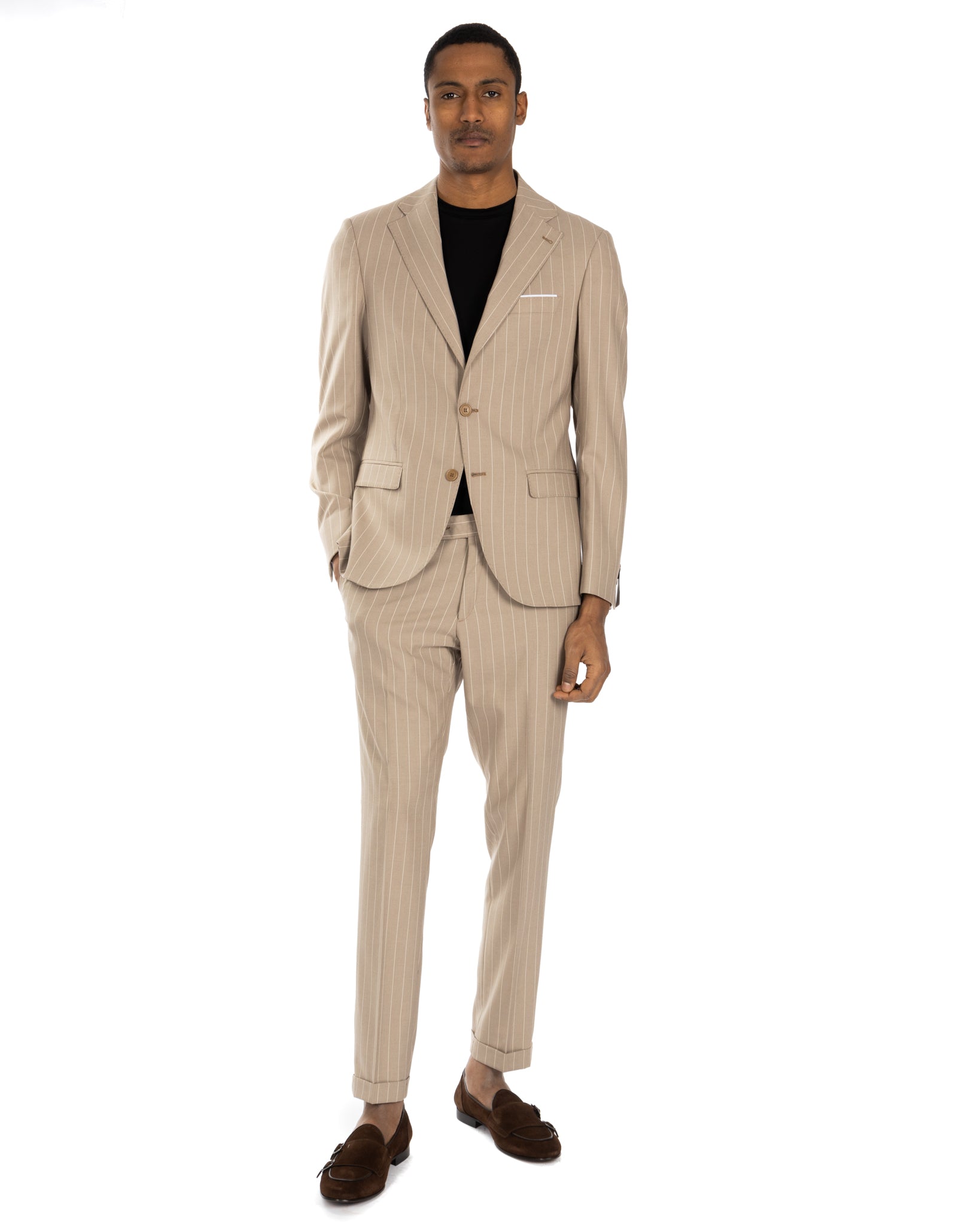 Lille - costume simple boutonnage beige à fines rayures