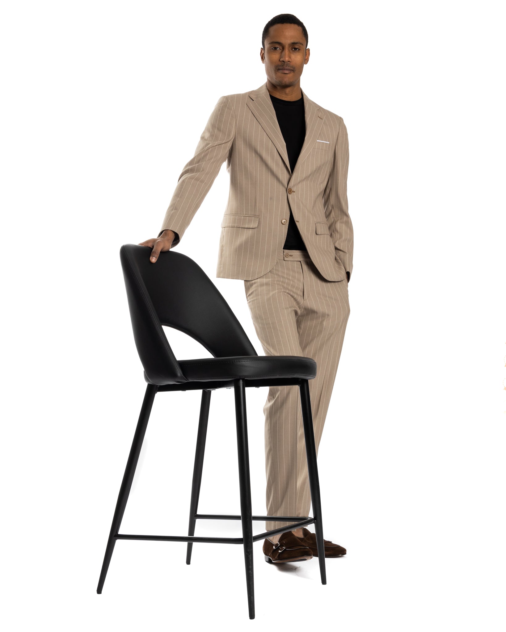 Lille - costume simple boutonnage beige à fines rayures