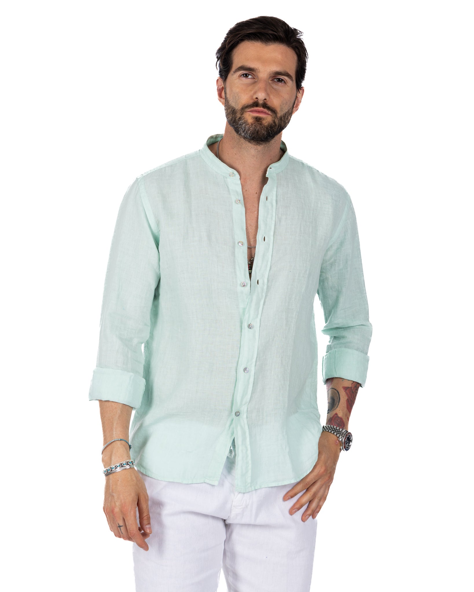 Nizza - Korean shirt in aqua green pure linen