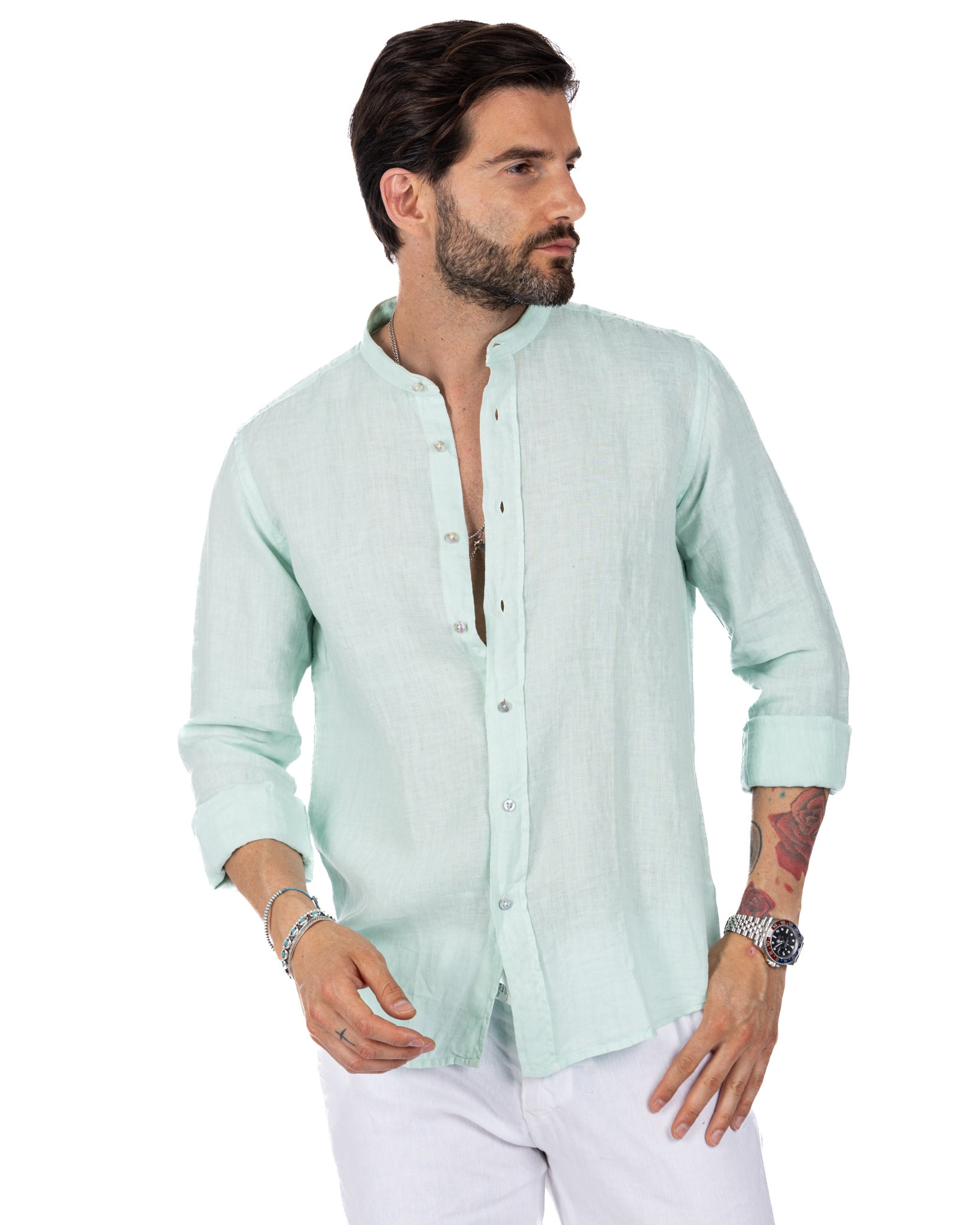 Nizza - Chemise coréenne en pur lin vert d'eau