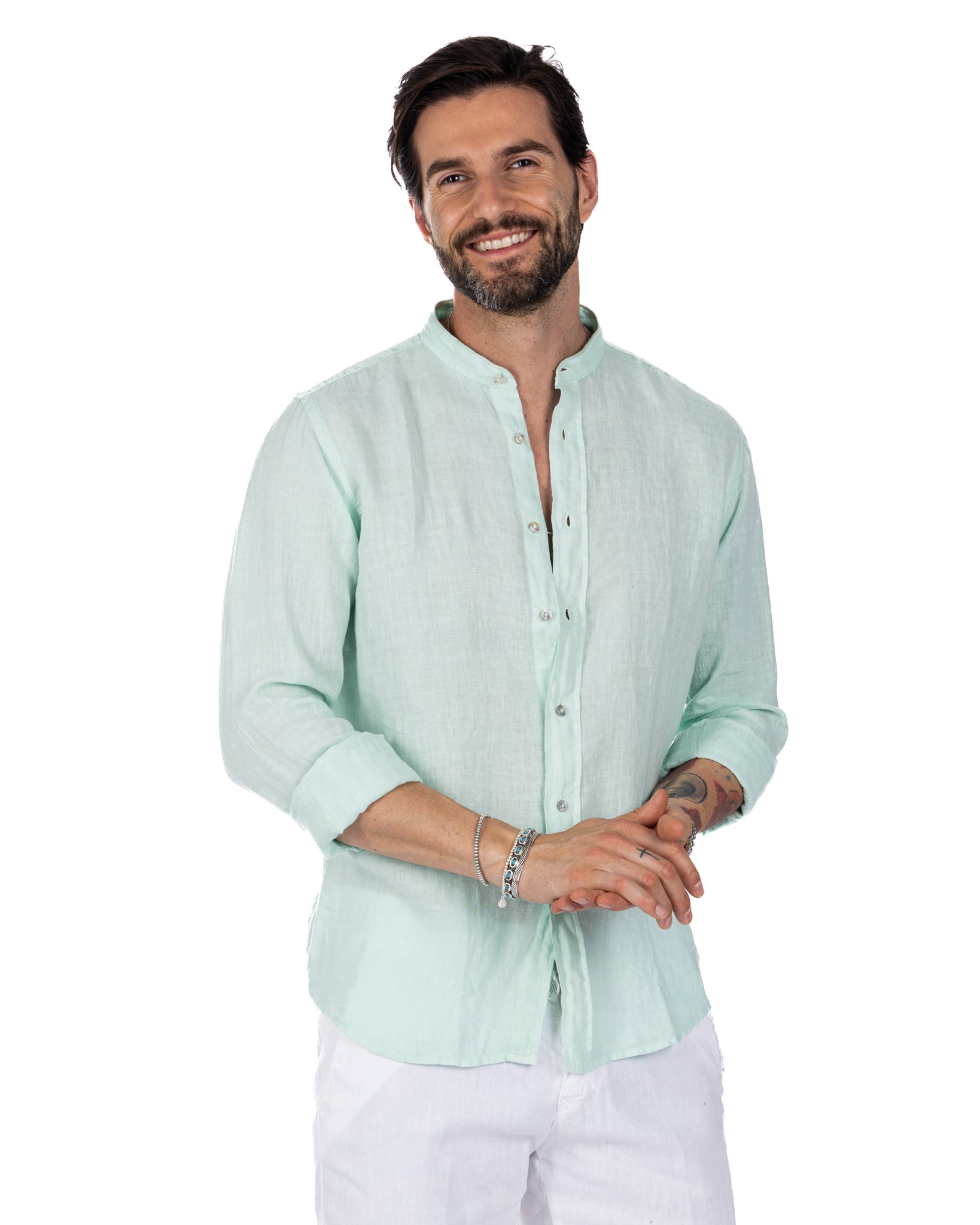 Nizza - Korean shirt in aqua green pure linen