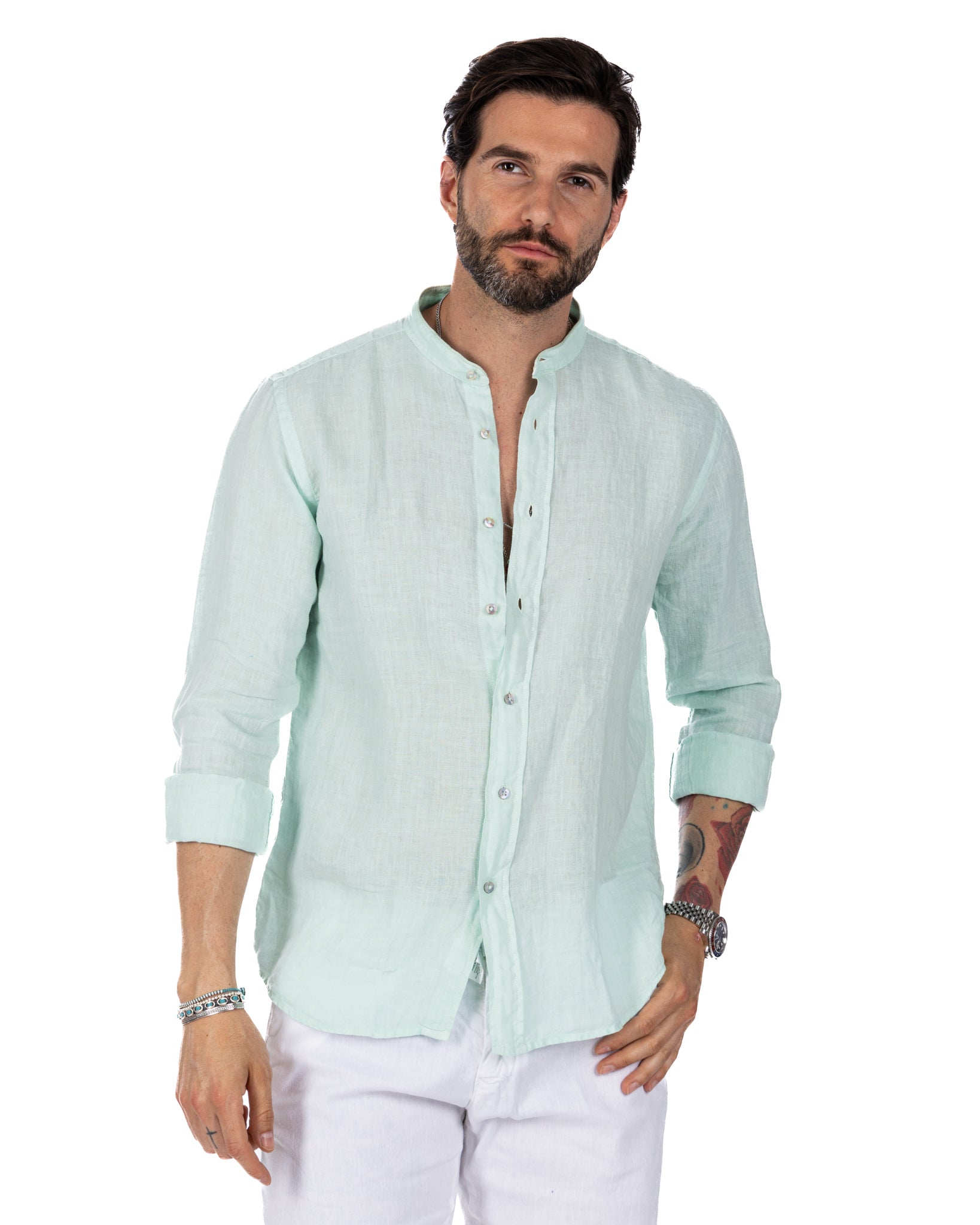 Nizza - Korean shirt in aqua green pure linen