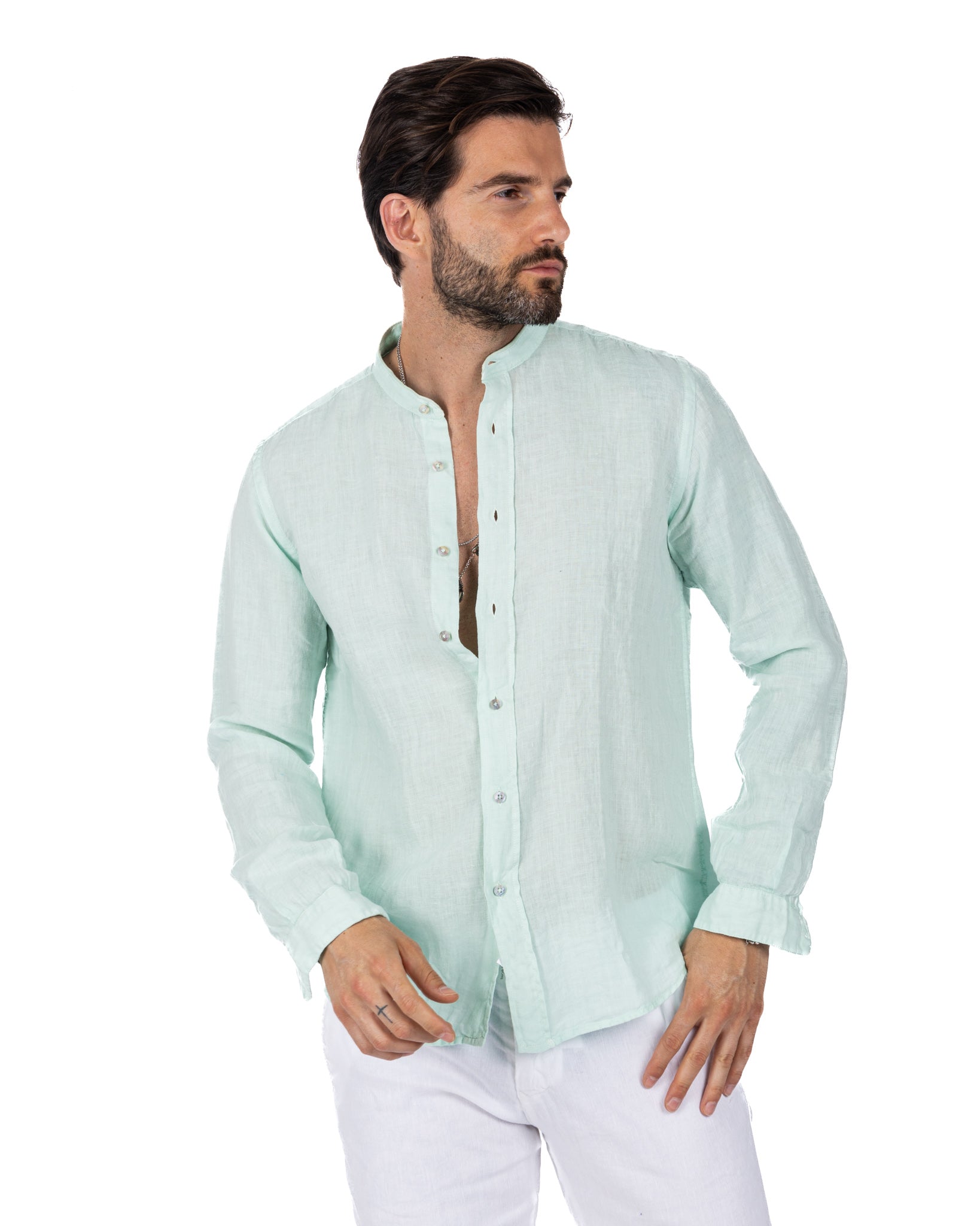 Nizza - Korean shirt in aqua green pure linen