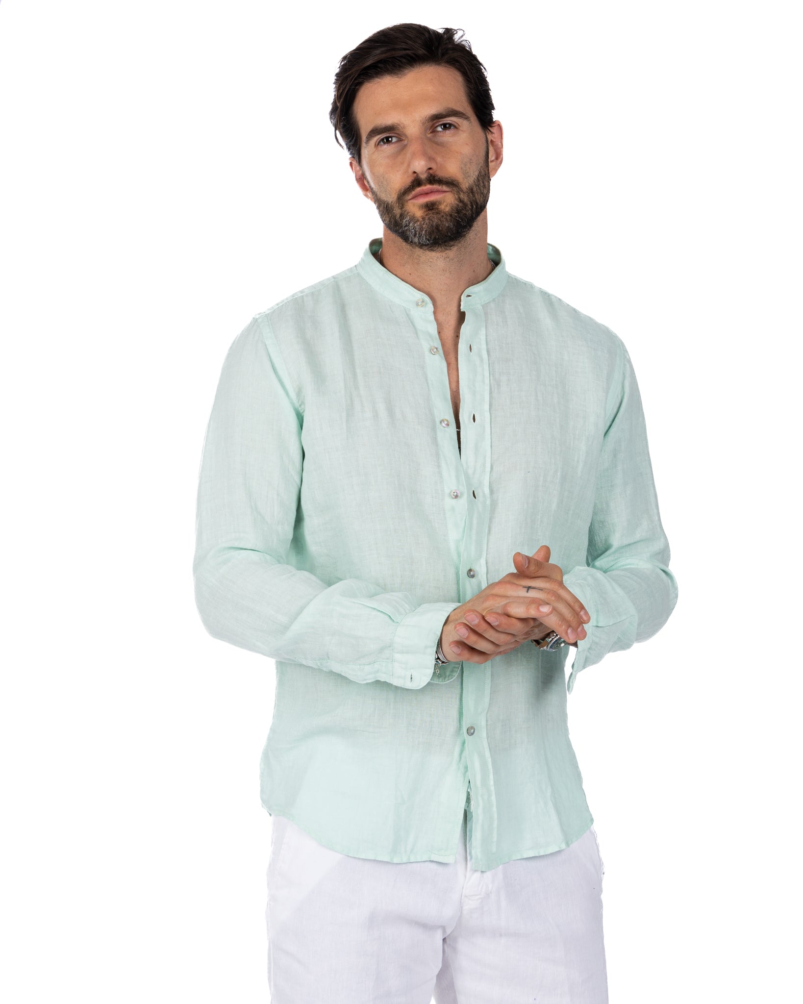 Nizza - Korean shirt in aqua green pure linen