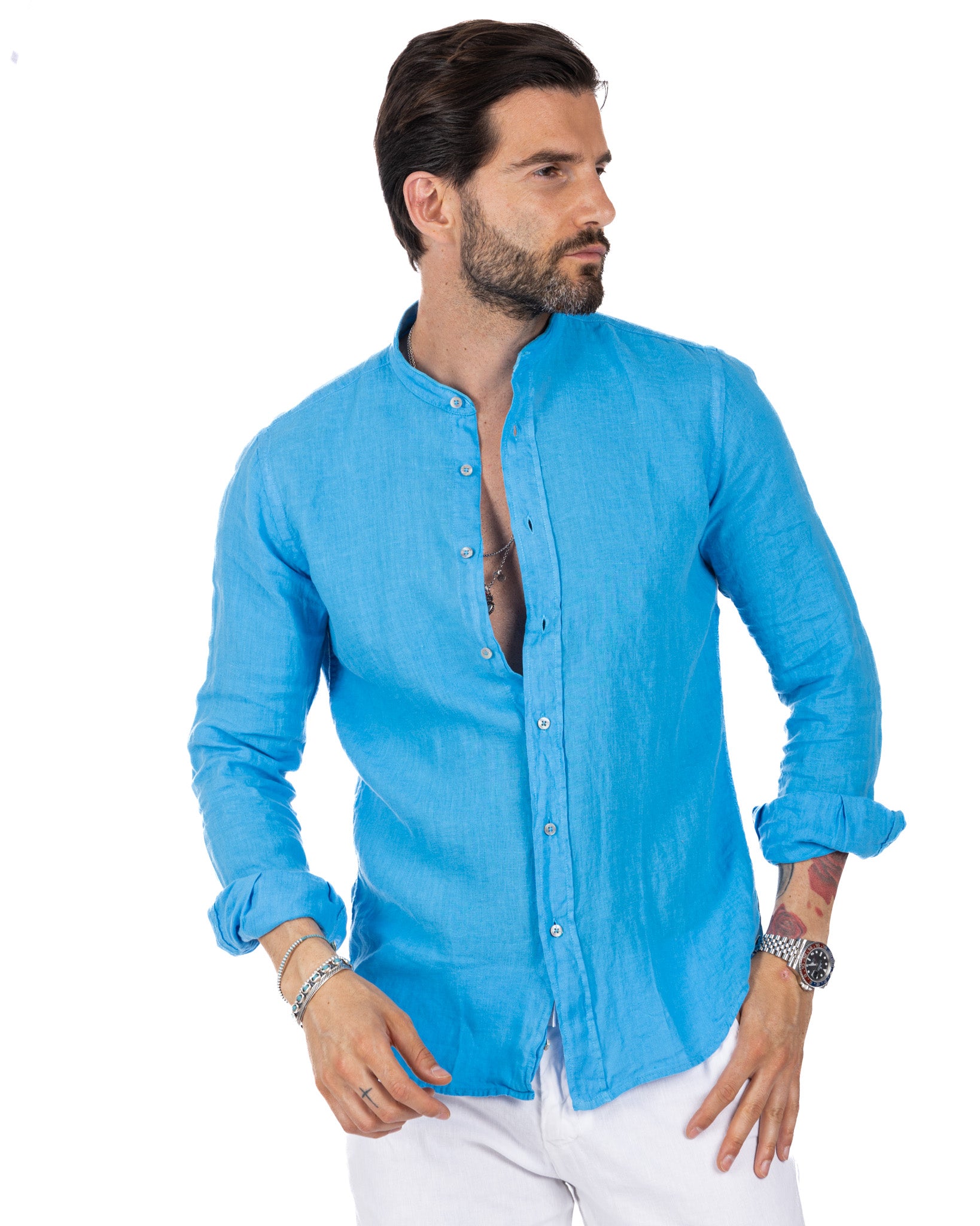 Nice - chemise coréenne pur lin turquoise