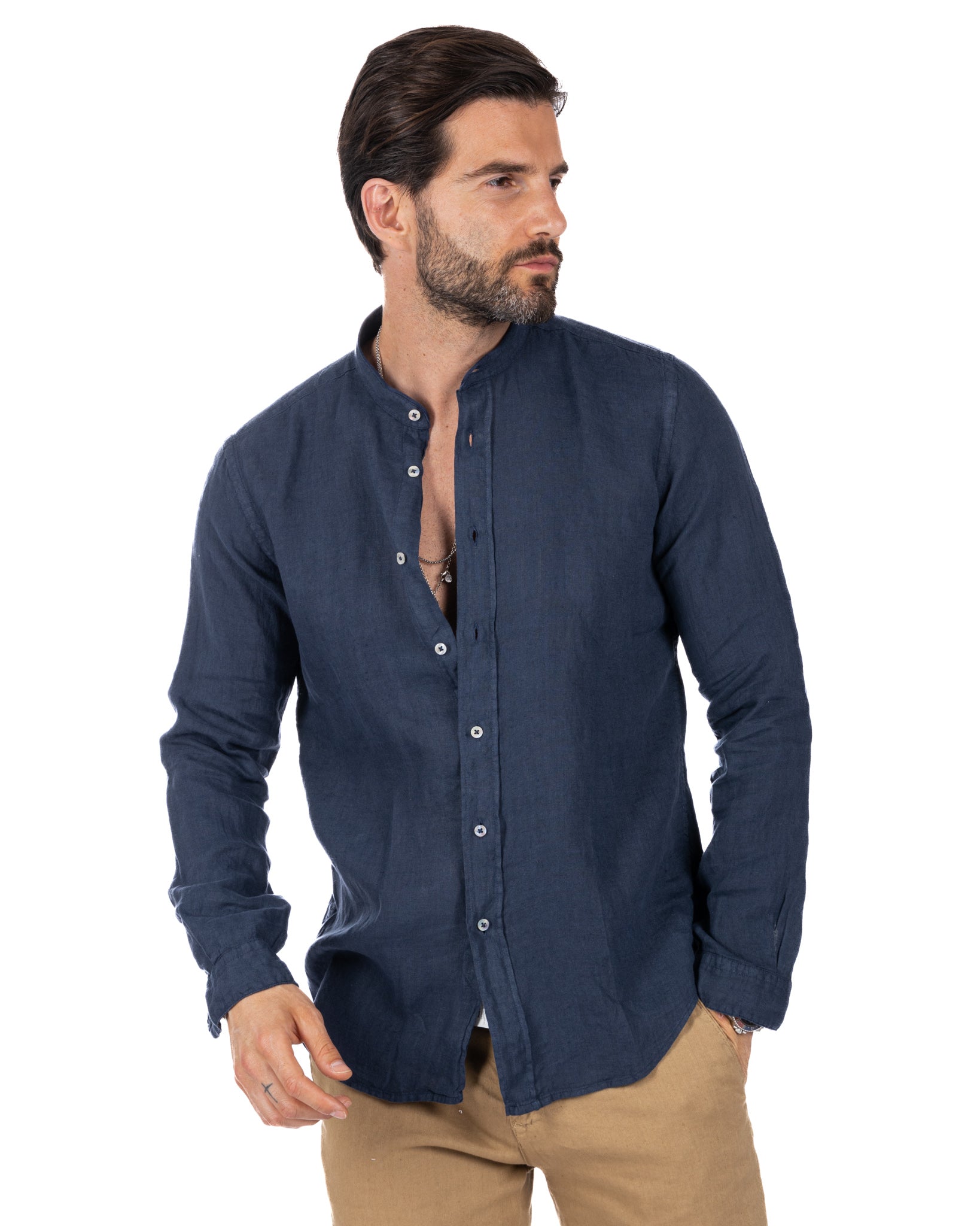 Nice - chemise coréenne pur lin bleu