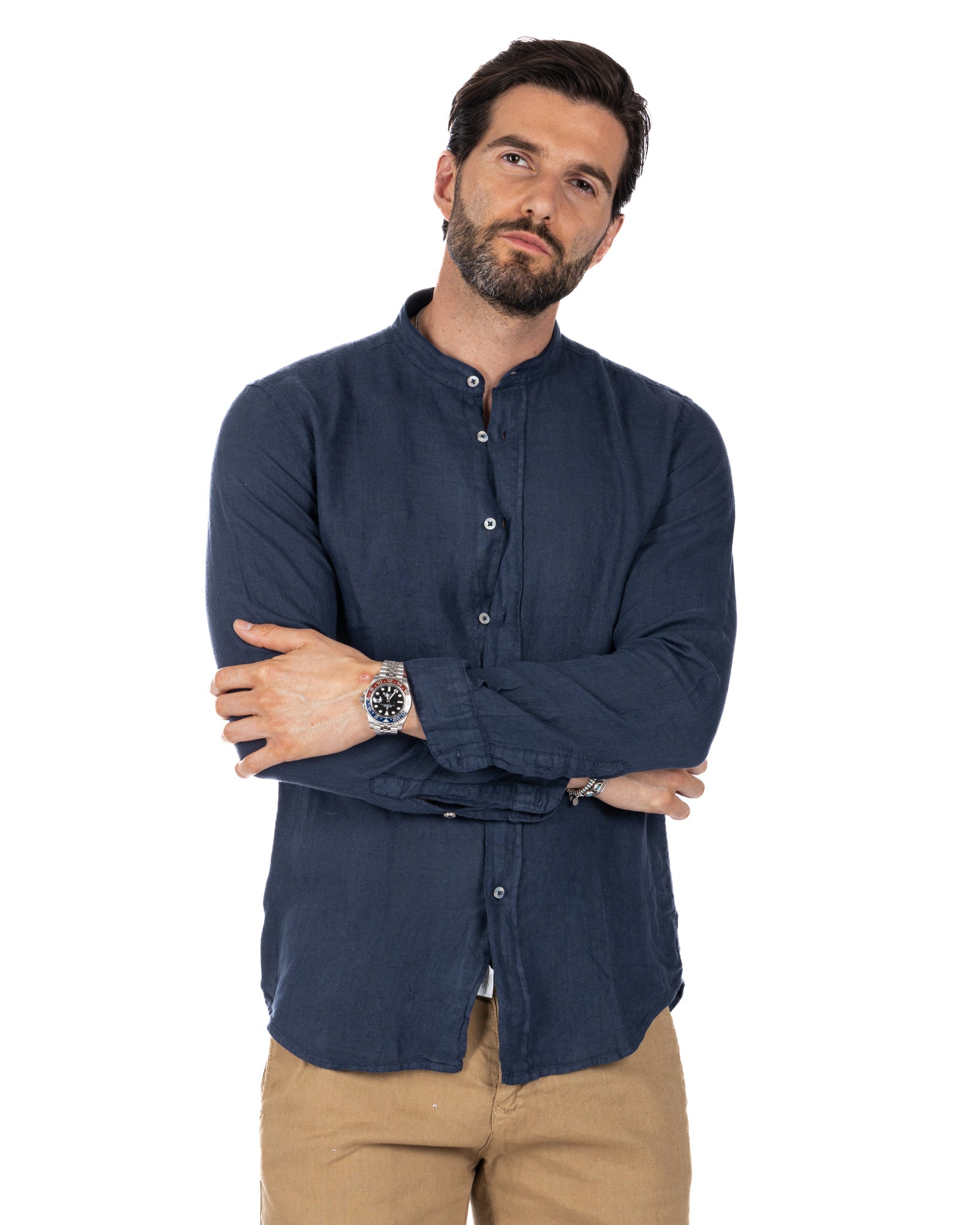 Nice - chemise coréenne pur lin bleu