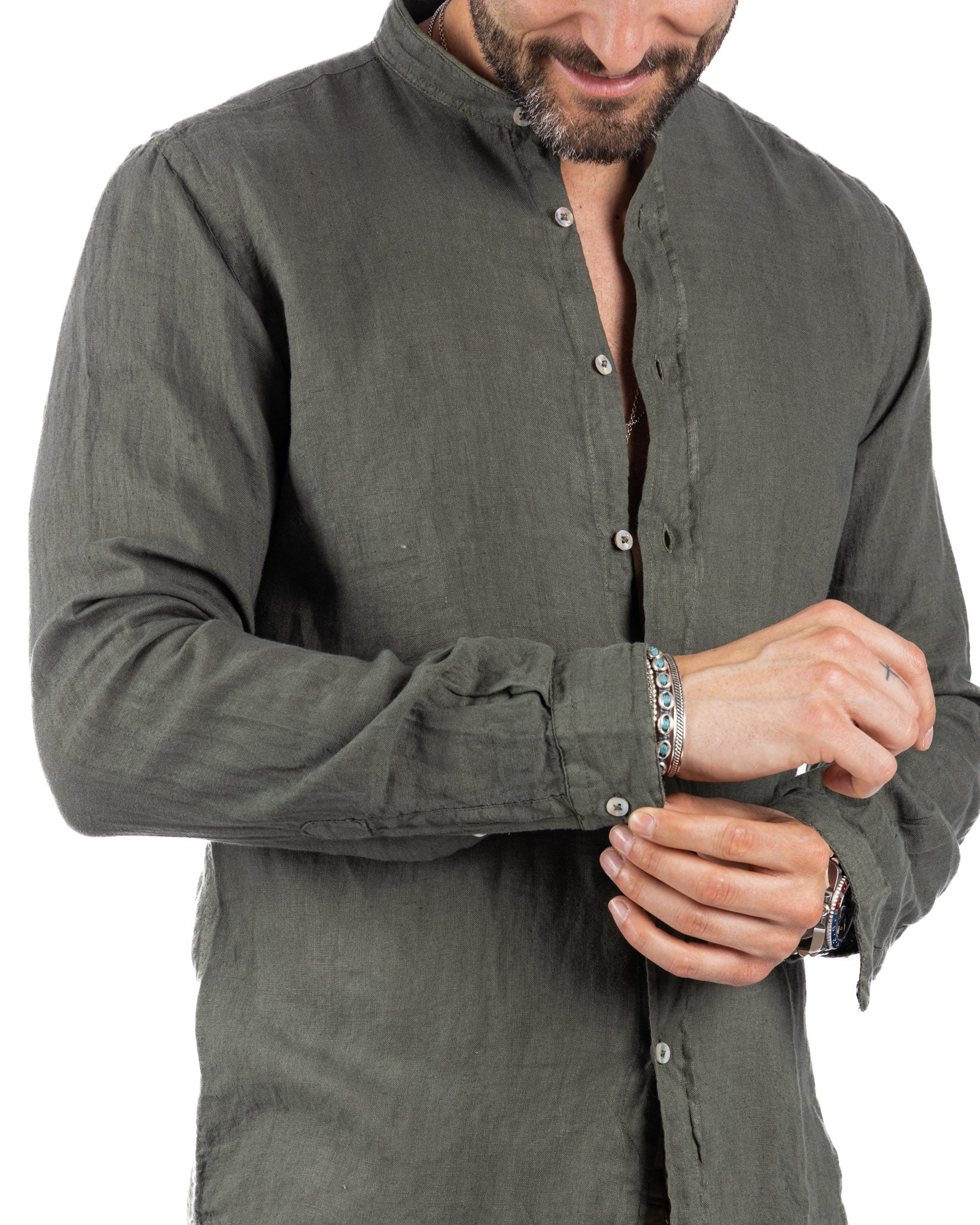 Nizza - camicia coreana in puro lino militare