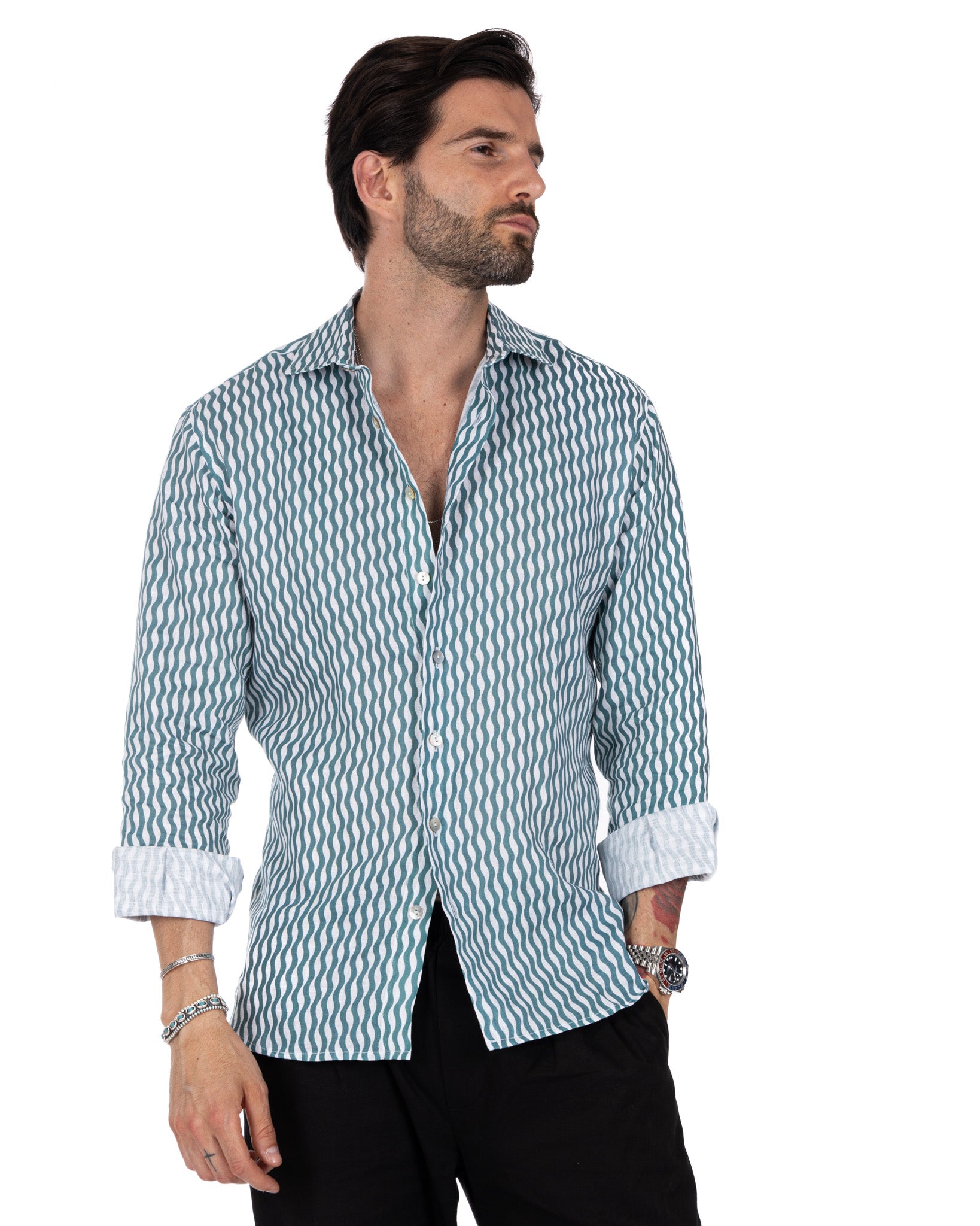 Onda - chemise en lin imprimé turquoise