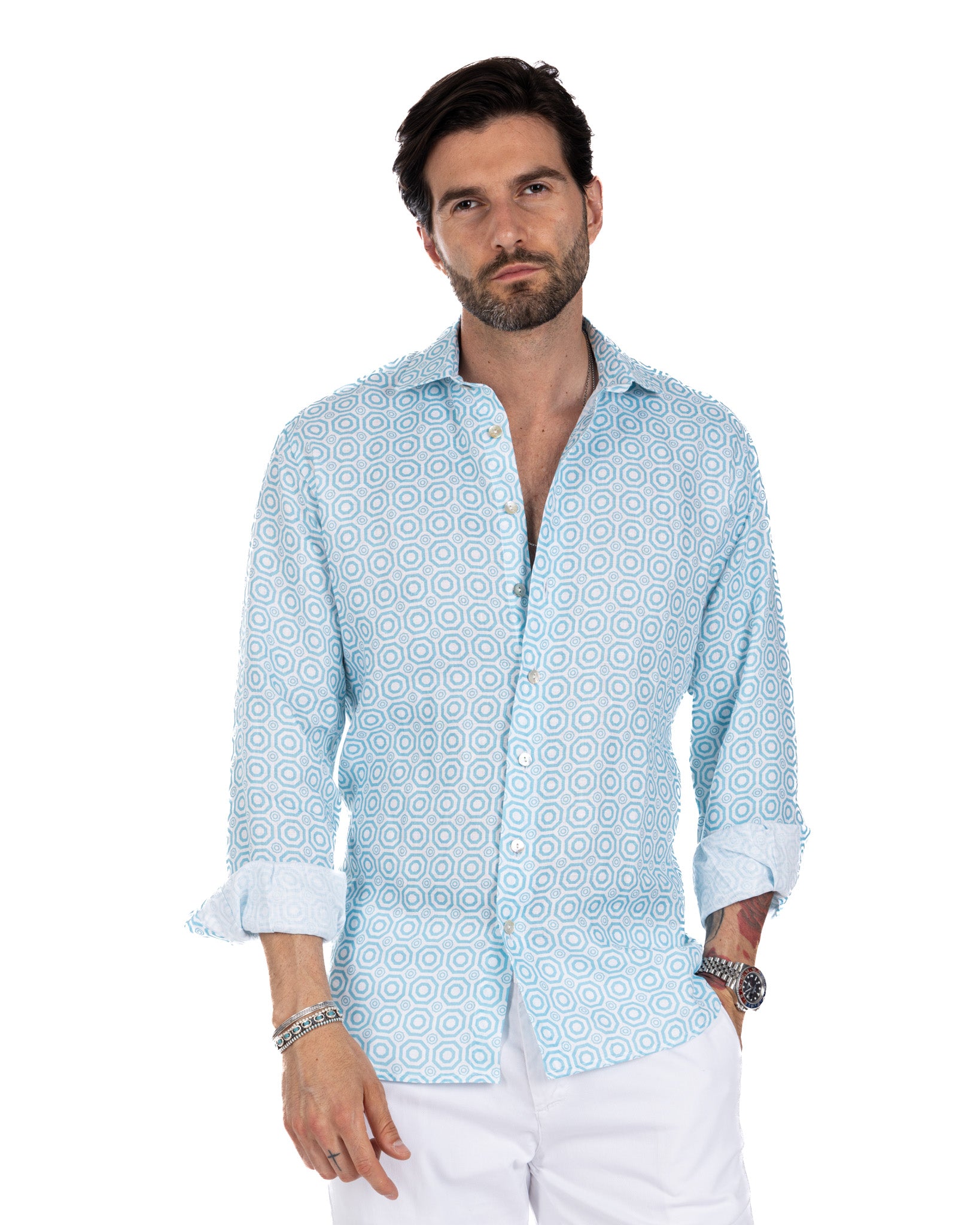 Maiolica - chemise en lin imprimé bleu clair