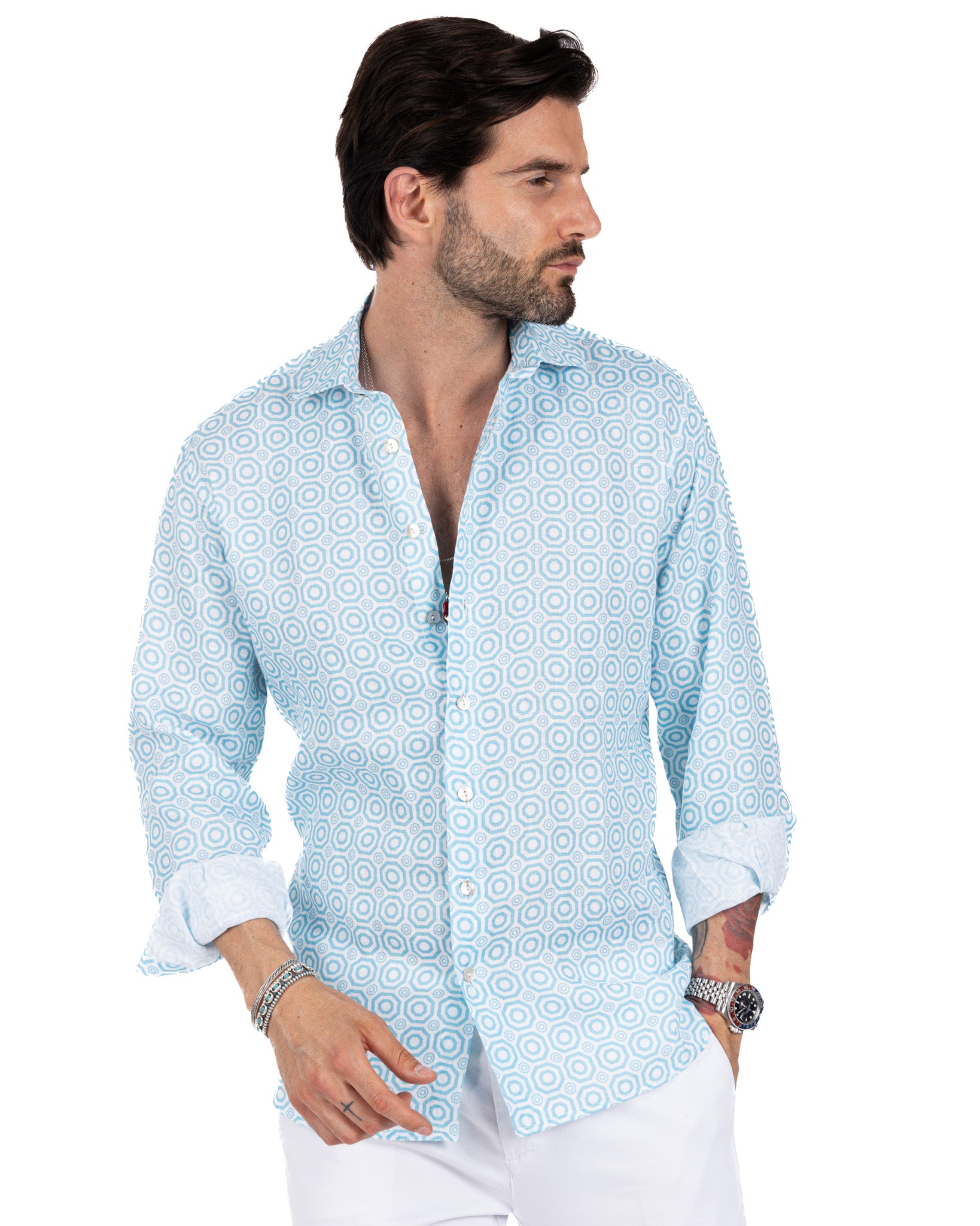 Maiolica - chemise en lin imprimé bleu clair