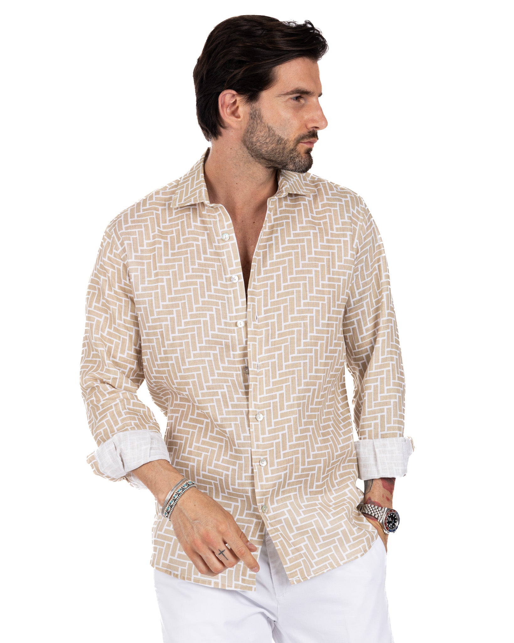 Riggiòla - camicia stampata beige in lino