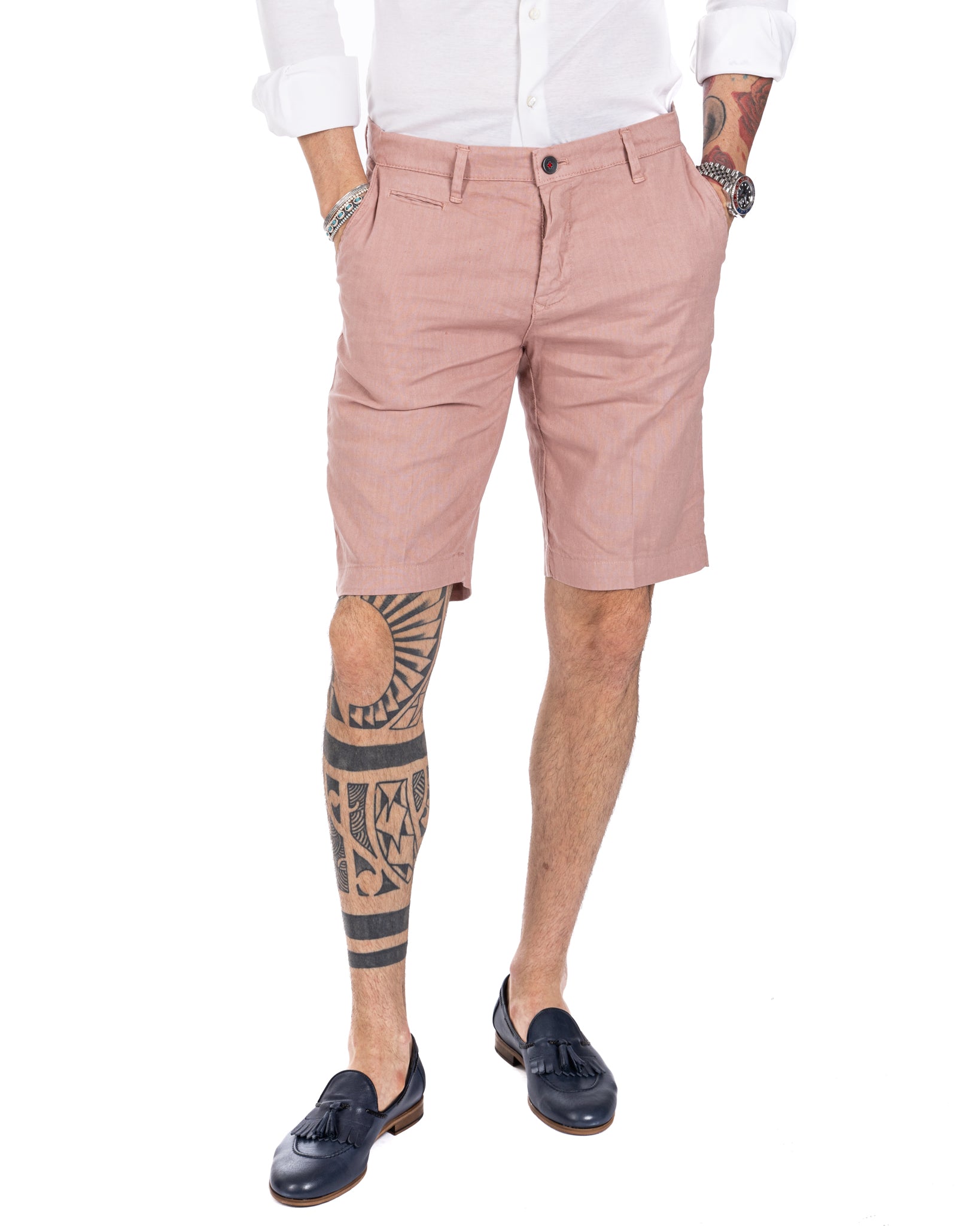 Mustique - pink stretch linen Bermuda shorts