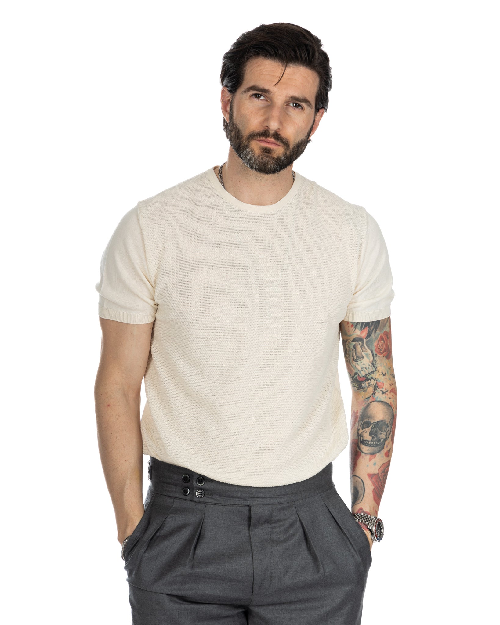 Lorenzo - t-shirt panna in maglia jacquard