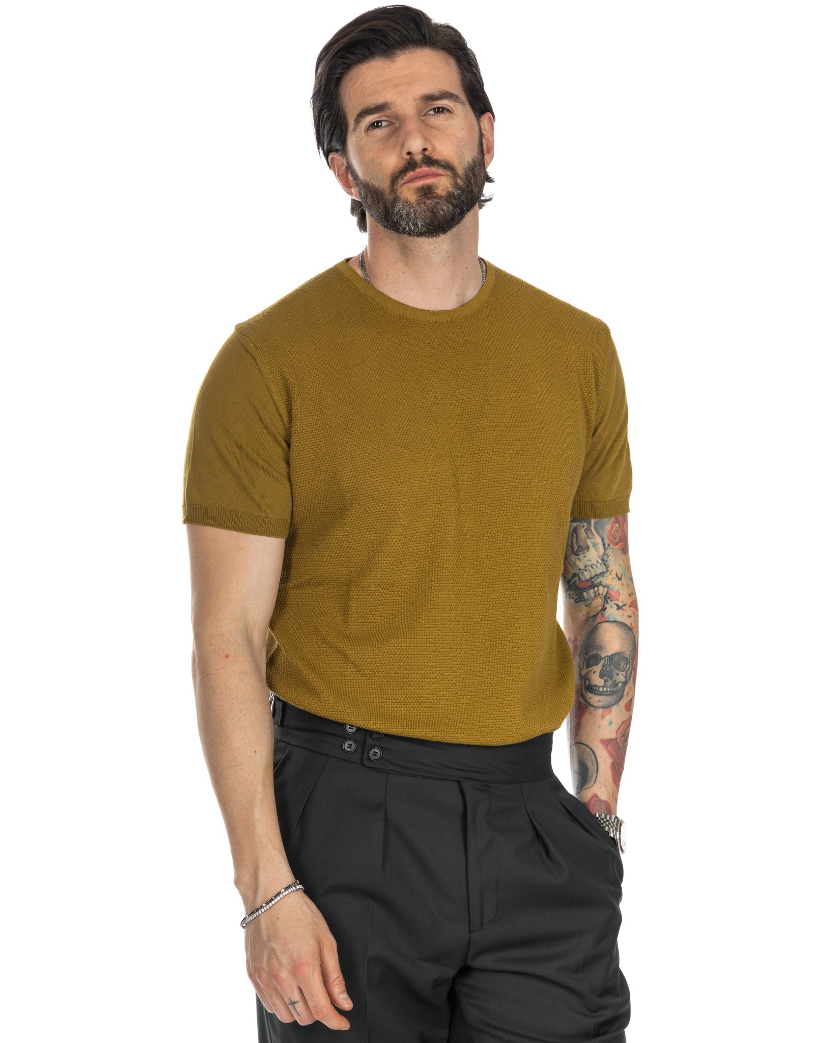 Lorenzo - camel jacquard knit t-shirt