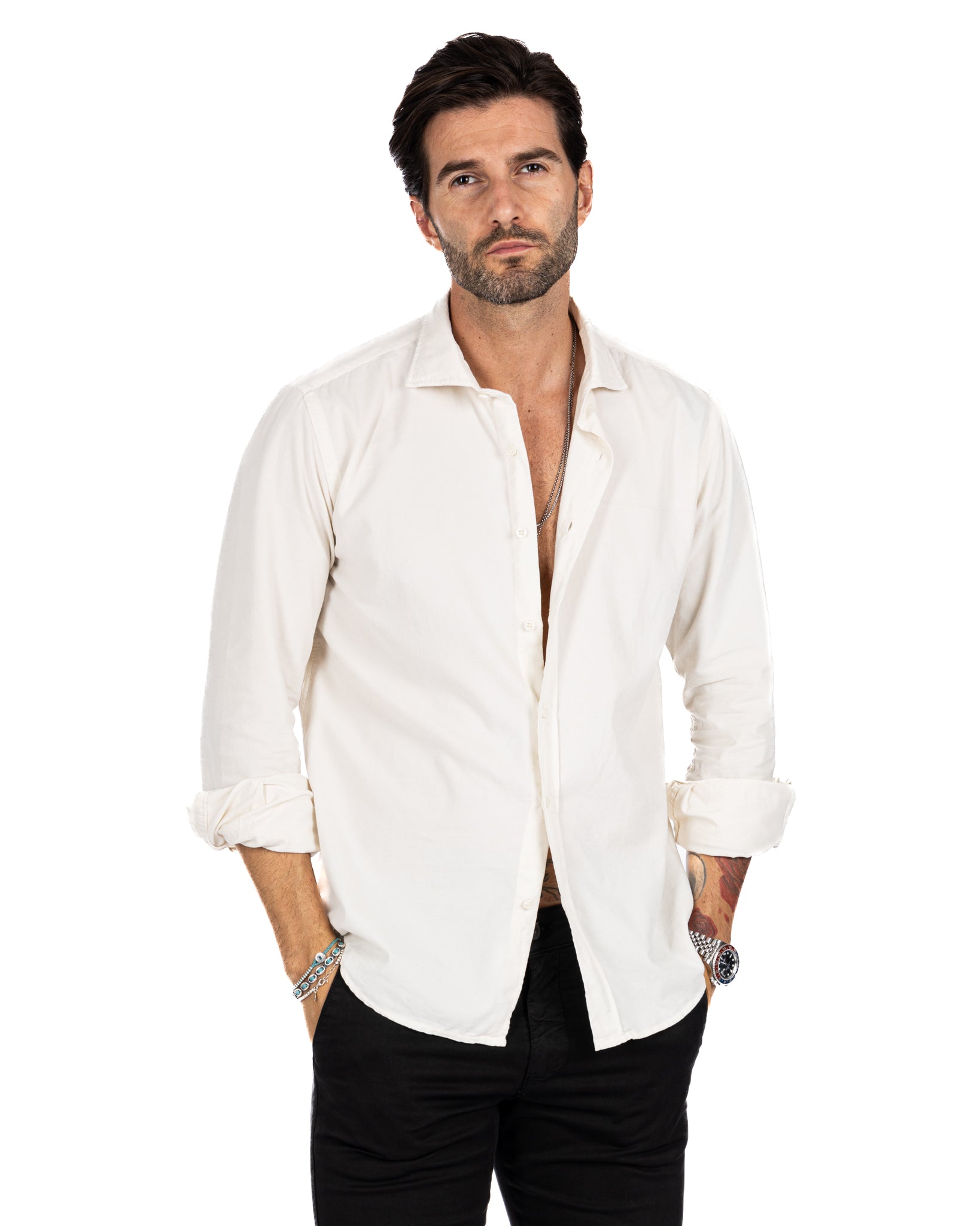 Vega - cream shirt in thousand-stripe velvet
