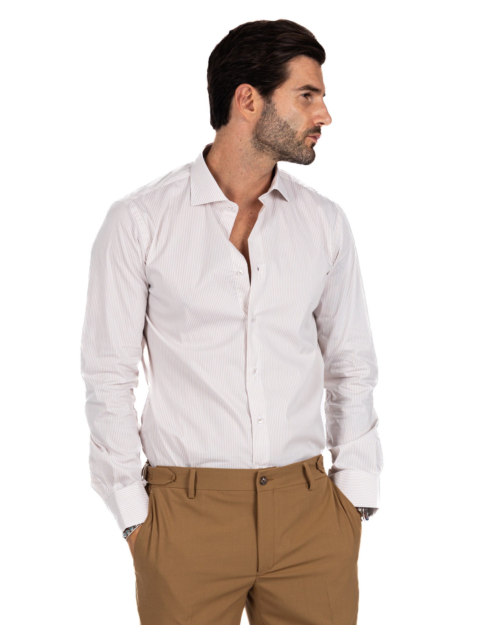 Camicia - basic classica riga stretta beige in cotone