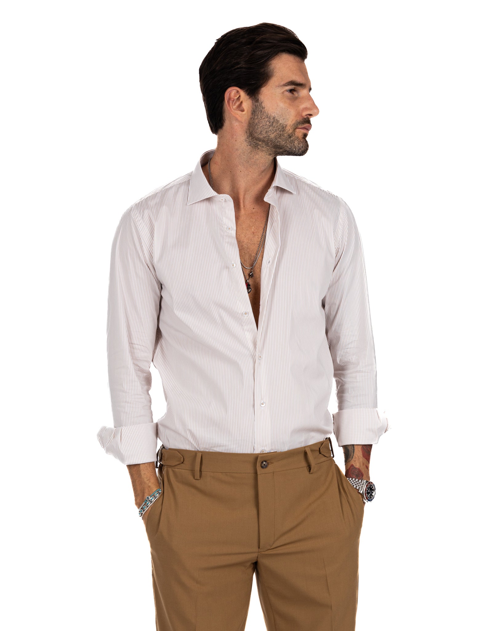Camicia - basic classica riga stretta beige in cotone
