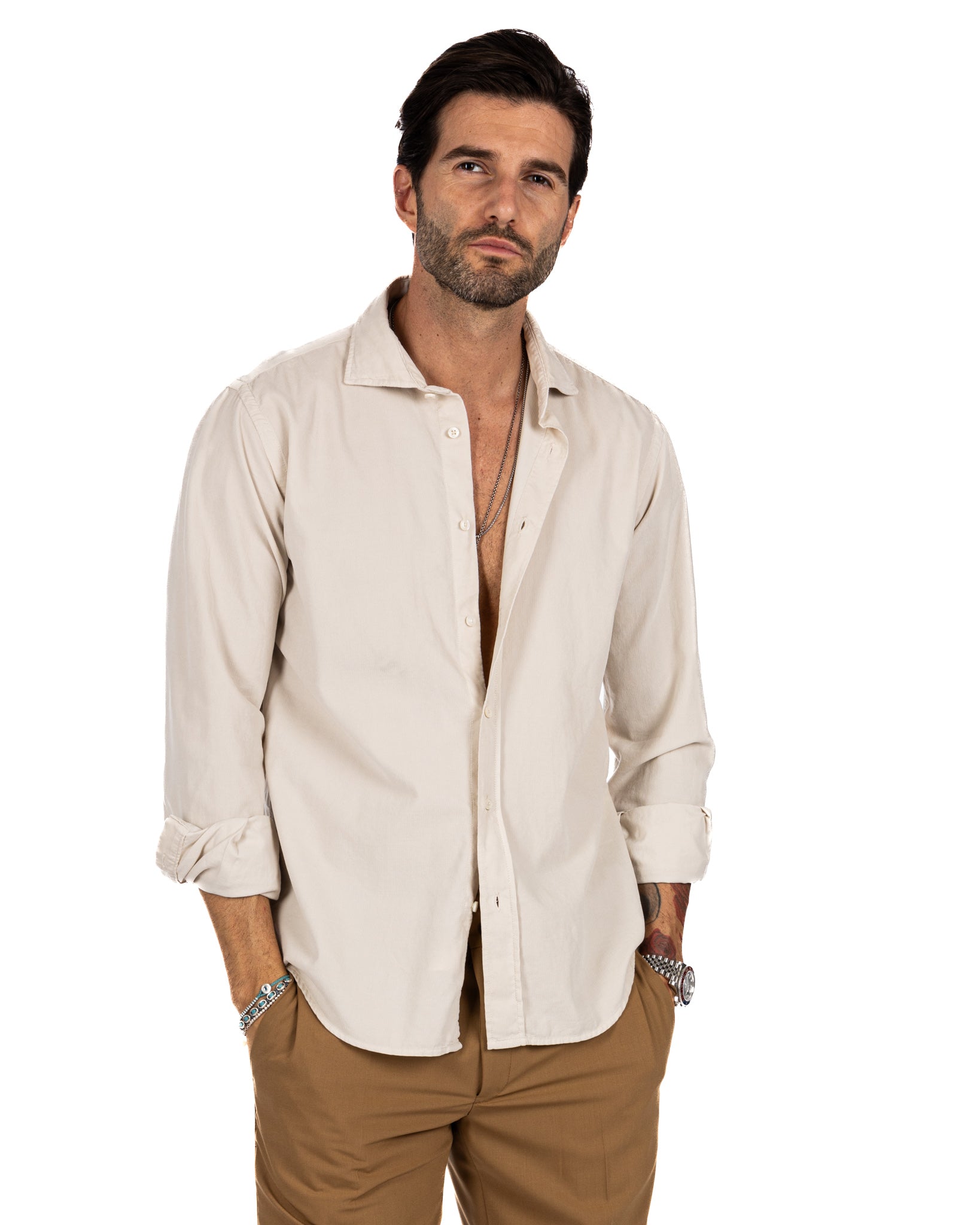 Vega - beige thousand-stripe velvet shirt
