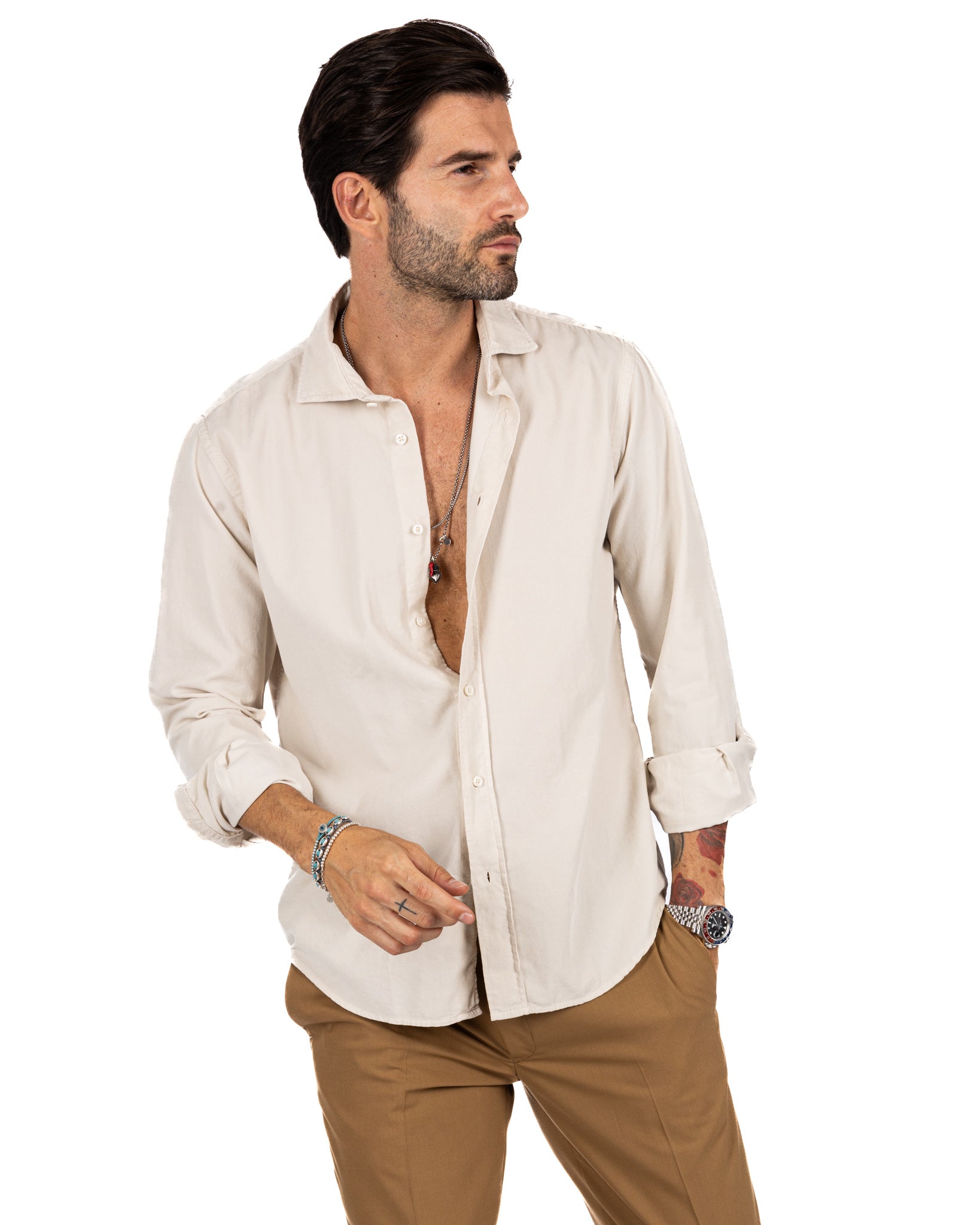 Vega - beige thousand-stripe velvet shirt