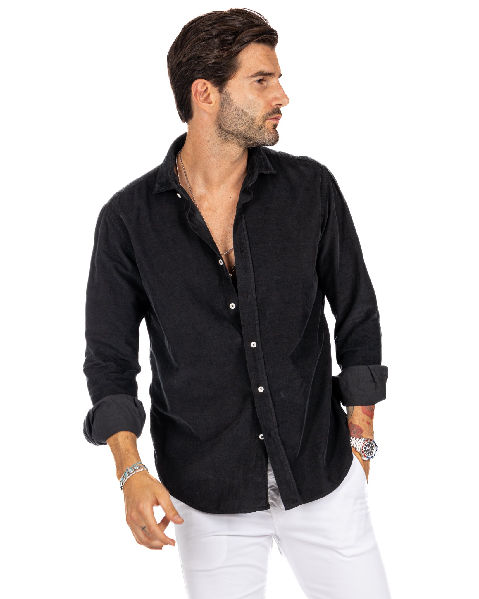 Vega - black thousand-stripe velvet shirt