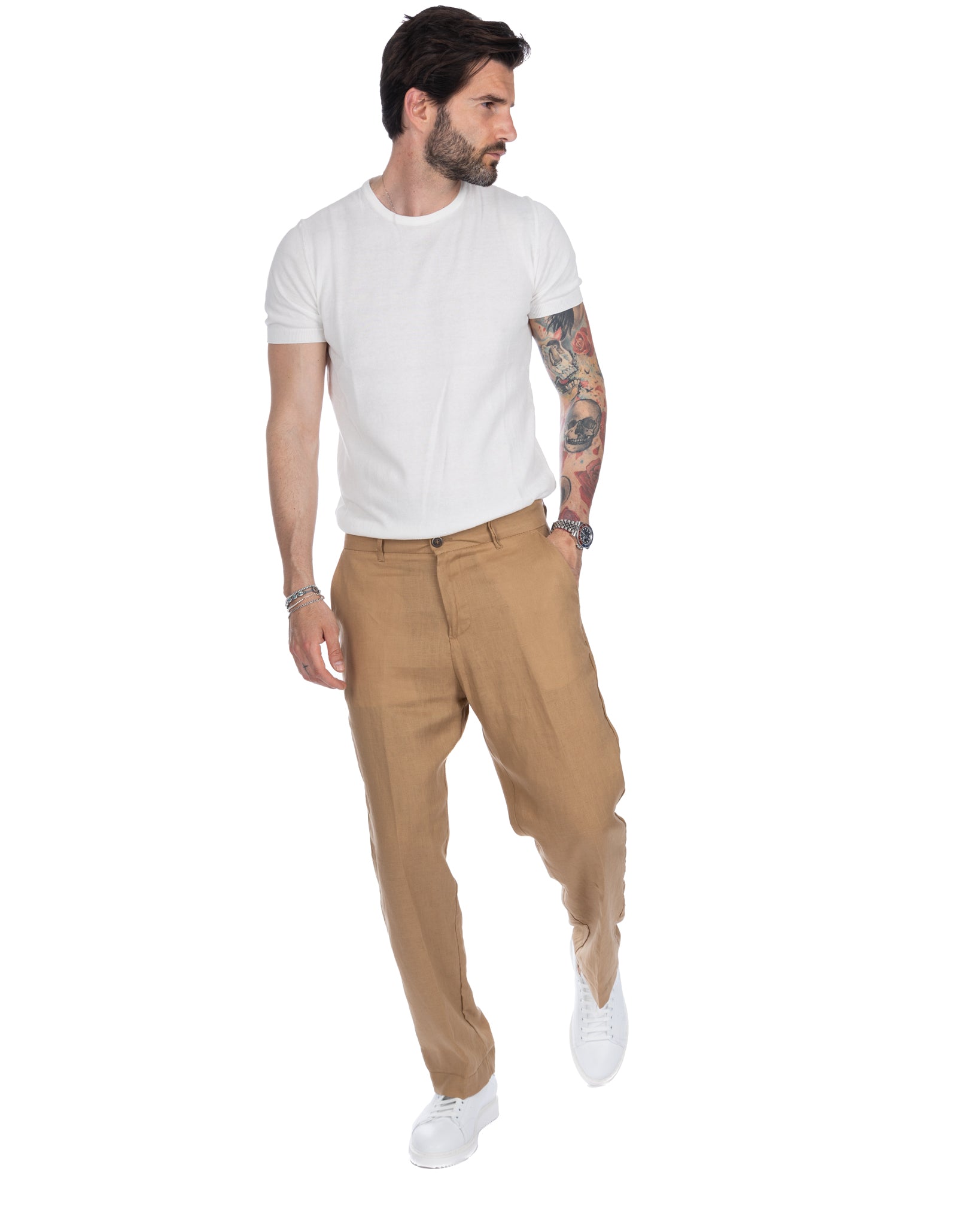 Lucas - camel wide trousers in pure linen