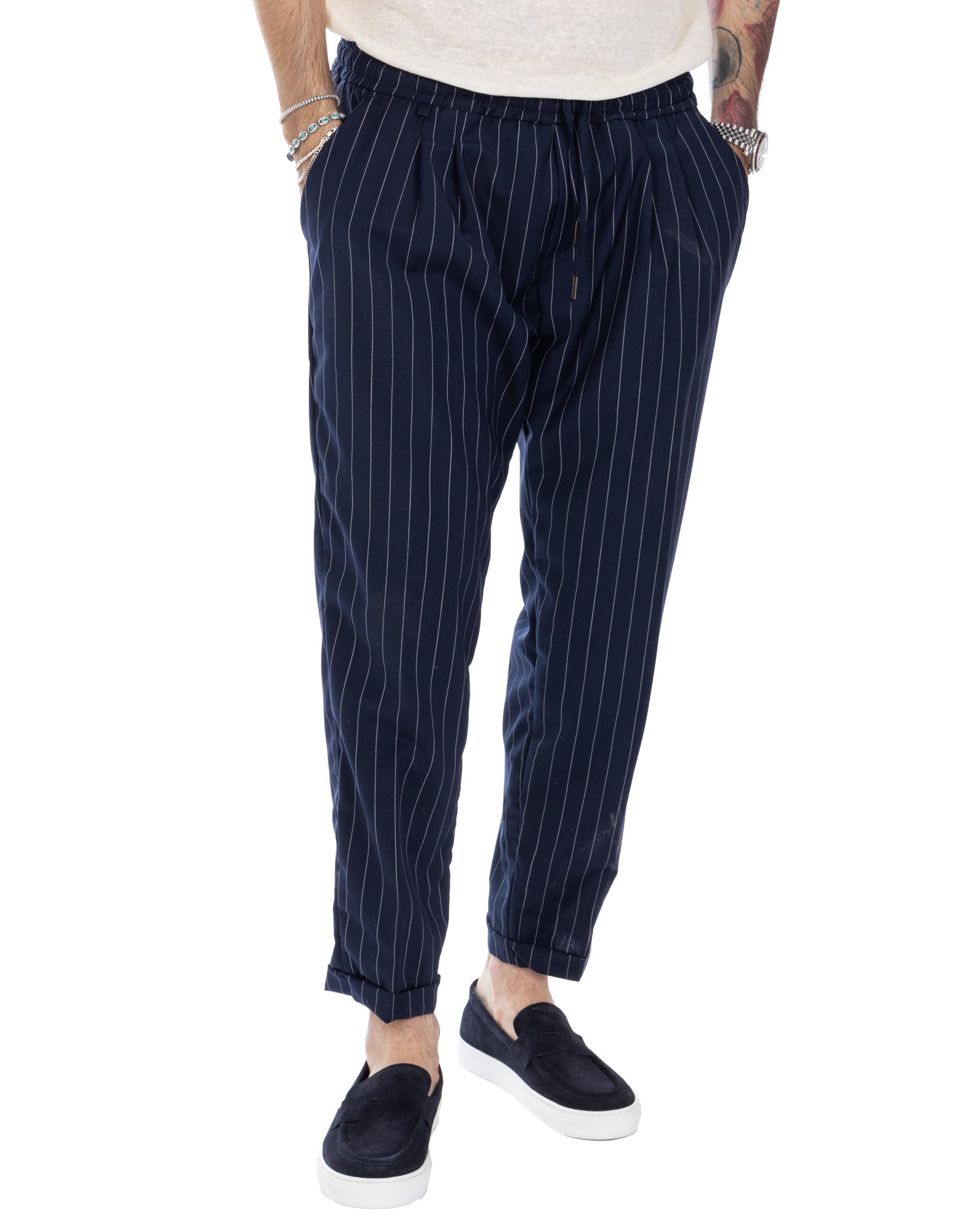 Elijah - pantalaccio gessato blu in misto lana