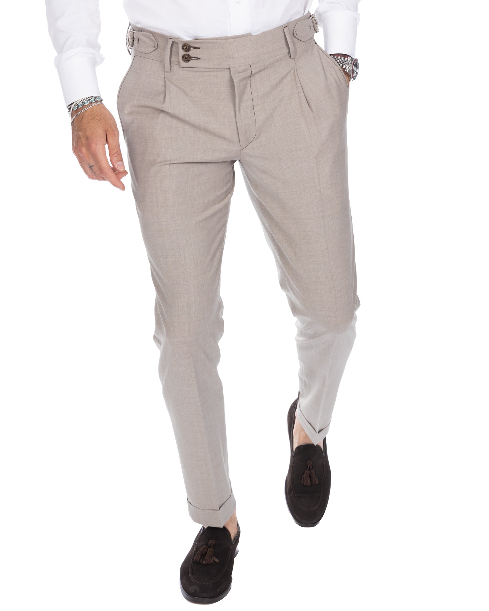 Manhattan - pantalone vita alta beige in lana