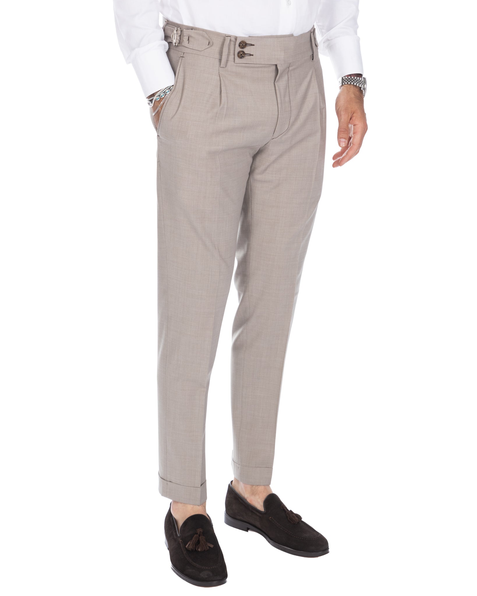 Manhattan - pantalone vita alta beige in lana