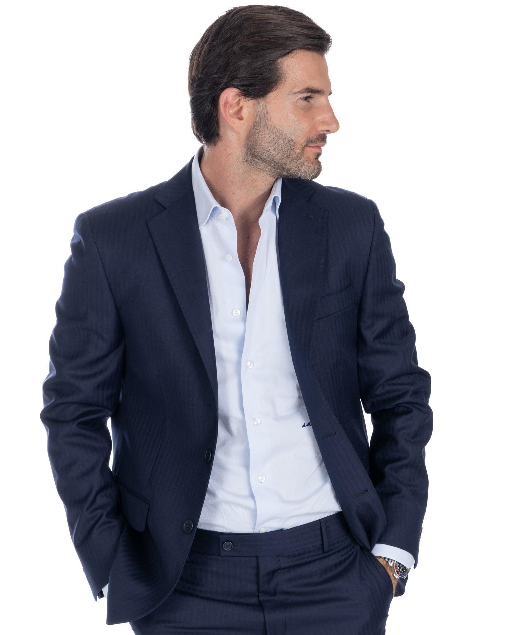 Blue Herringbone Single Breasted Suit - Vitale Barberis Canonico