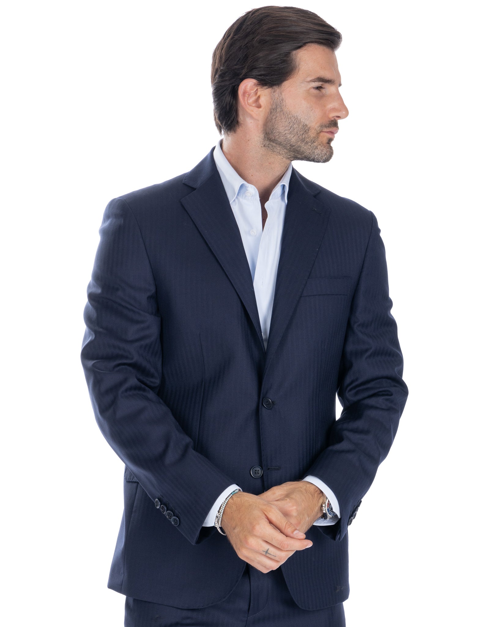 Blue Herringbone Single Breasted Suit - Vitale Barberis Canonico