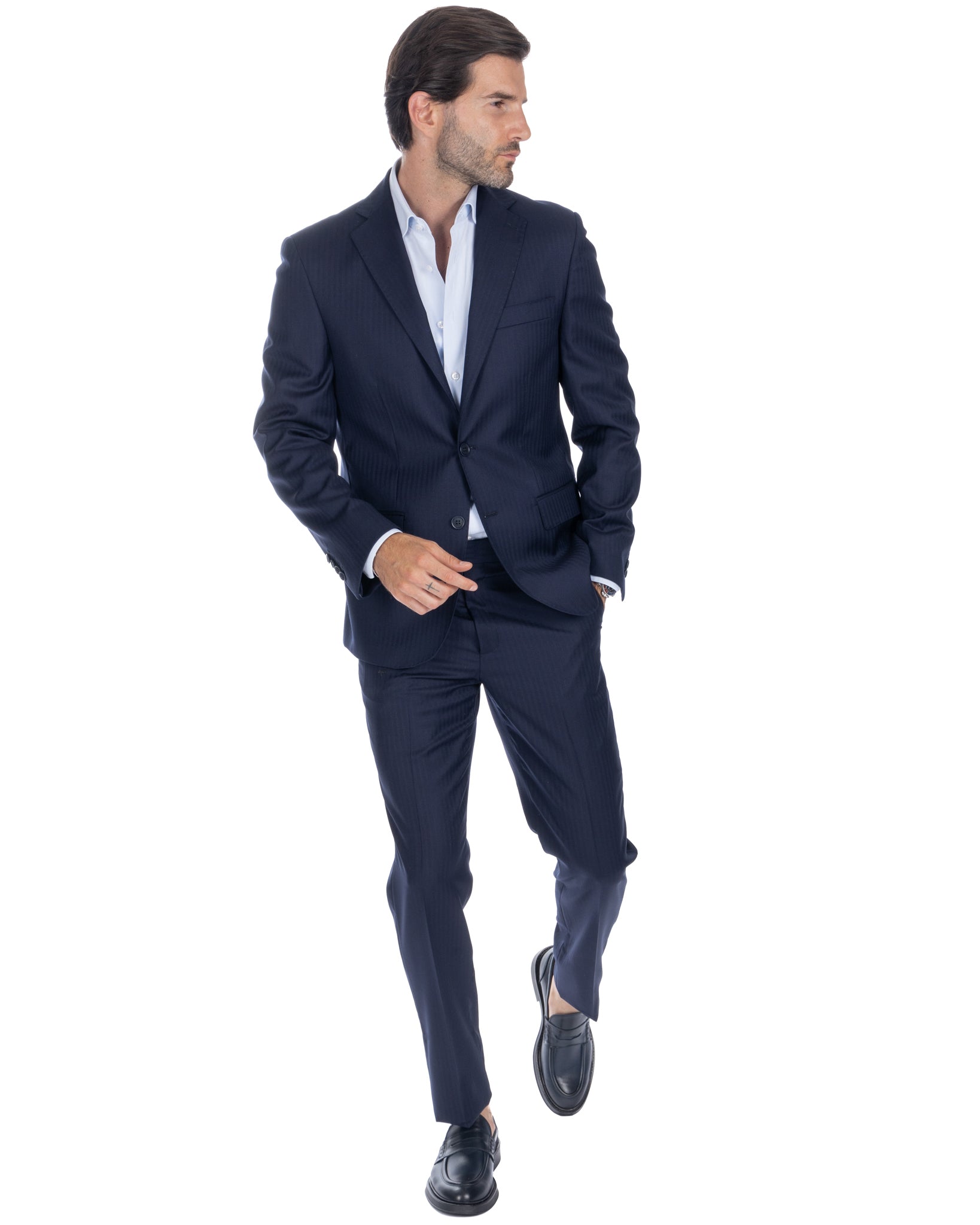 Blue Herringbone Single Breasted Suit - Vitale Barberis Canonico