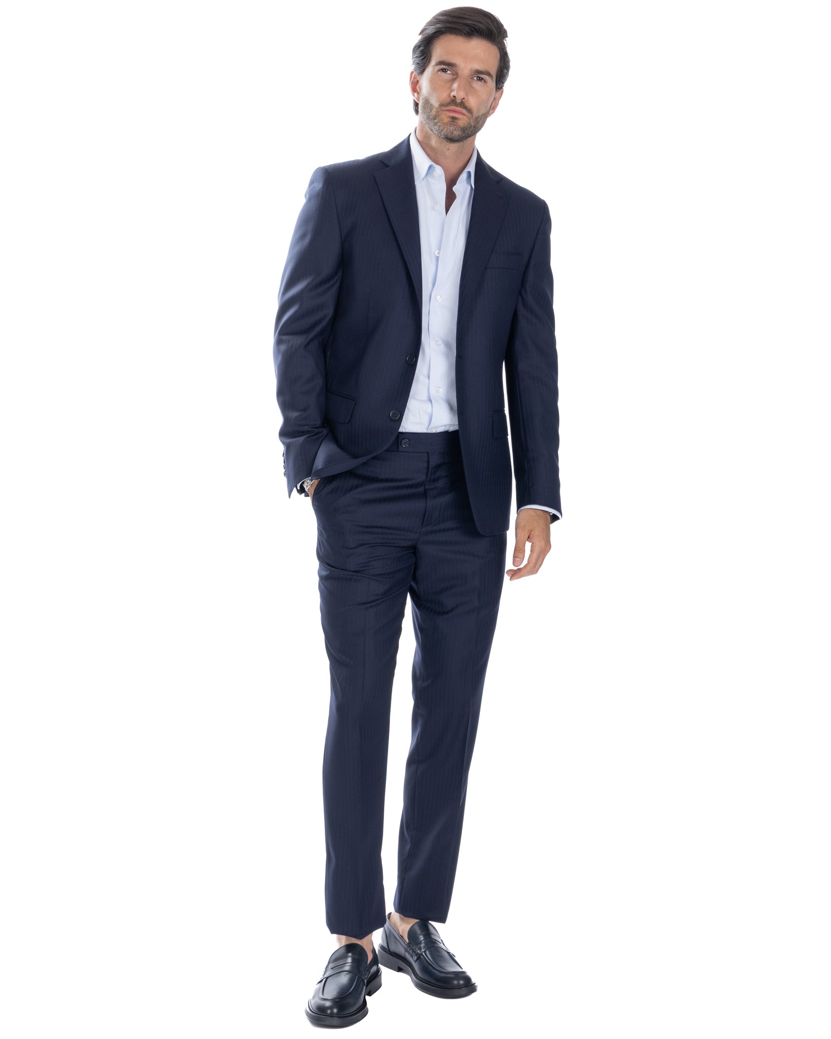 Blue Herringbone Single Breasted Suit - Vitale Barberis Canonico