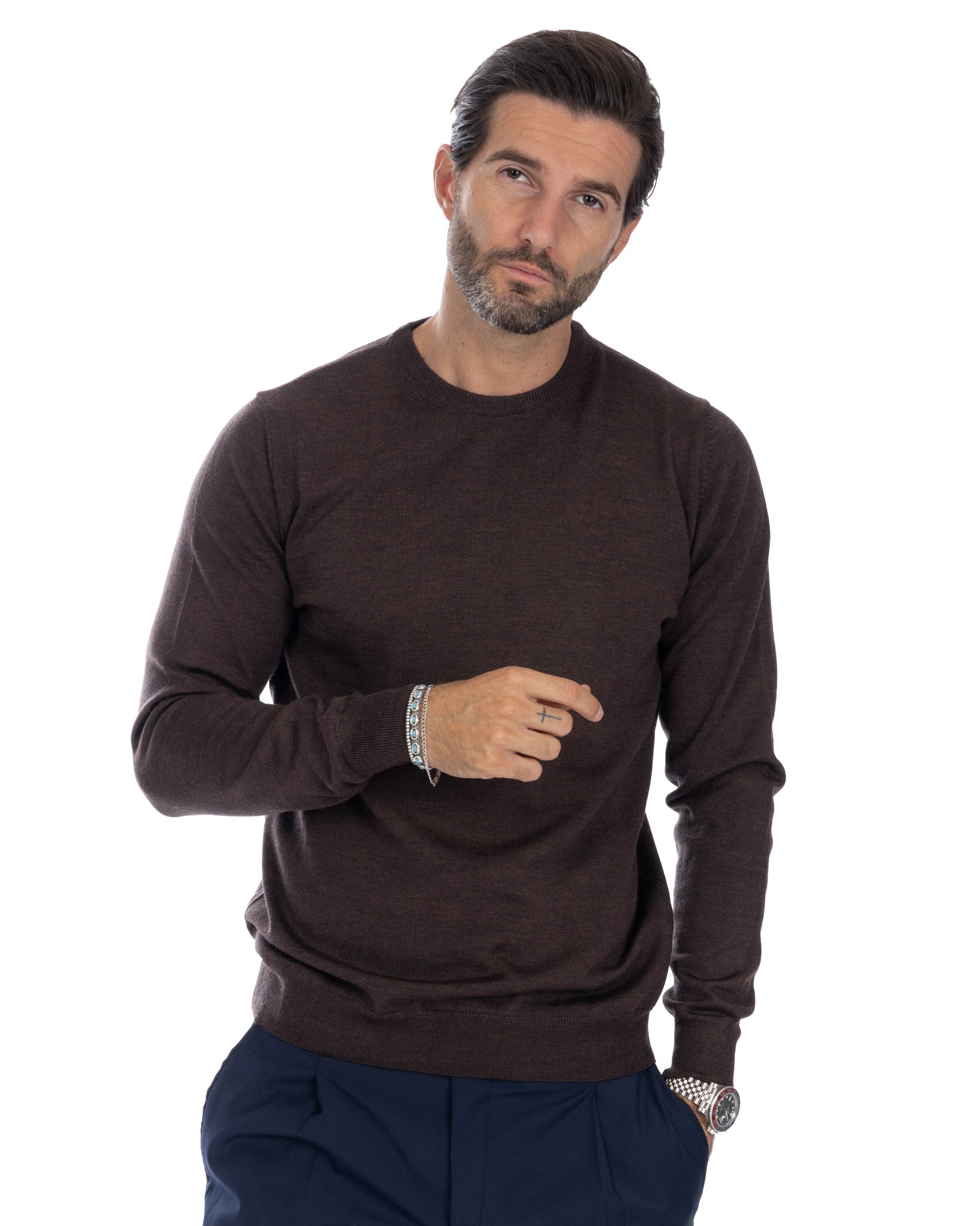 Furore crewneck in Tollegno merino wool dark brown