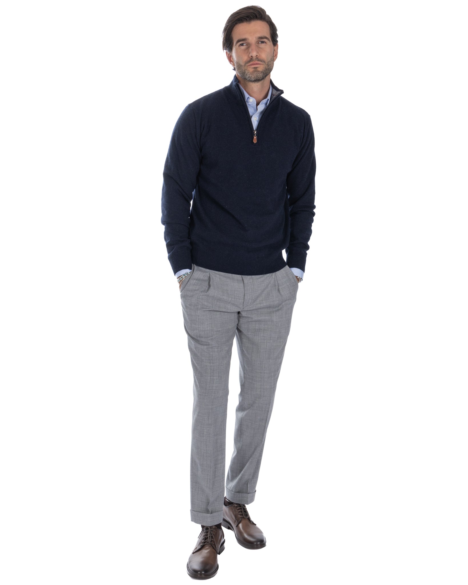 Lupetto con zip Rory in misto cachemire blu